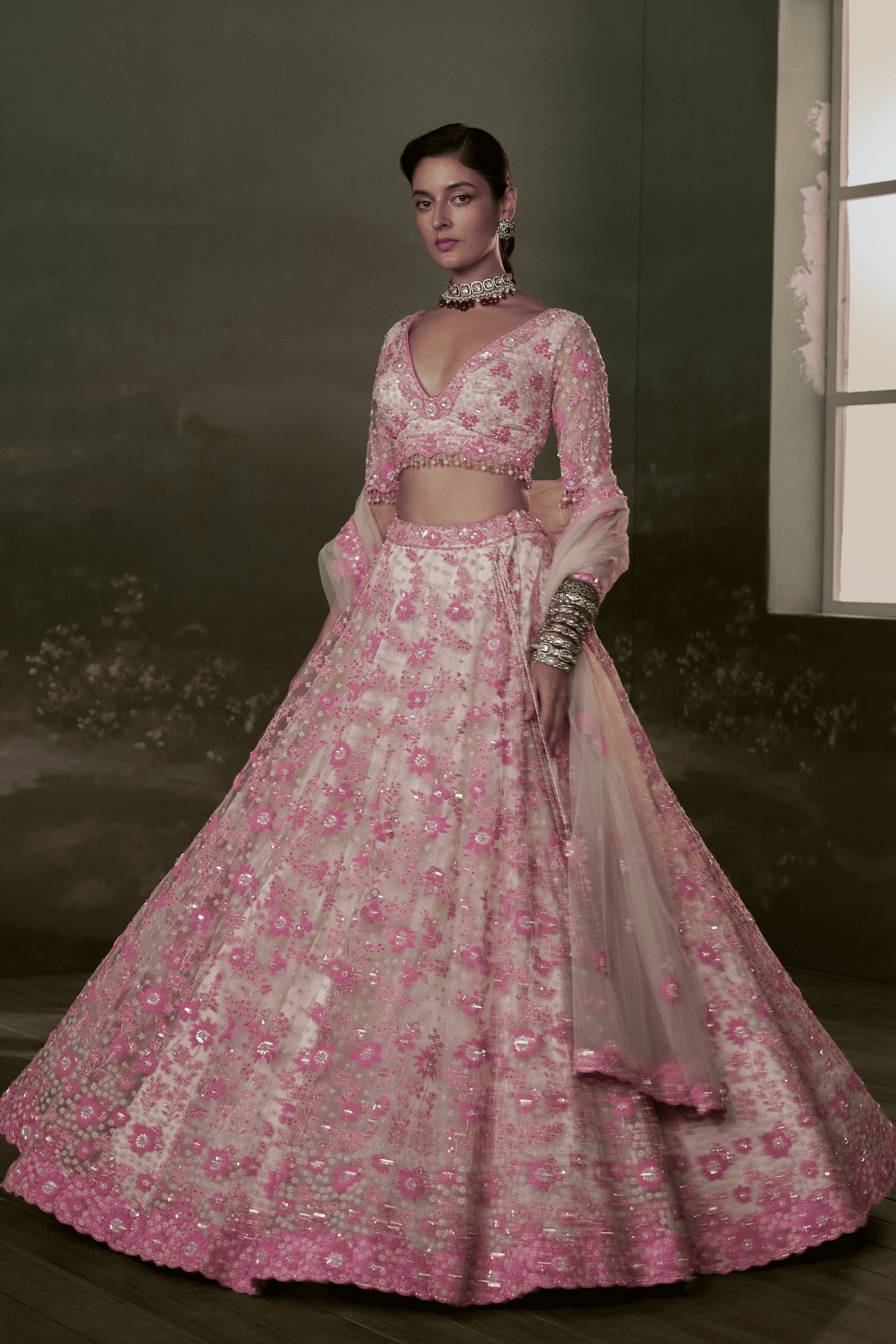 Blush -pink Net Lehenga Set