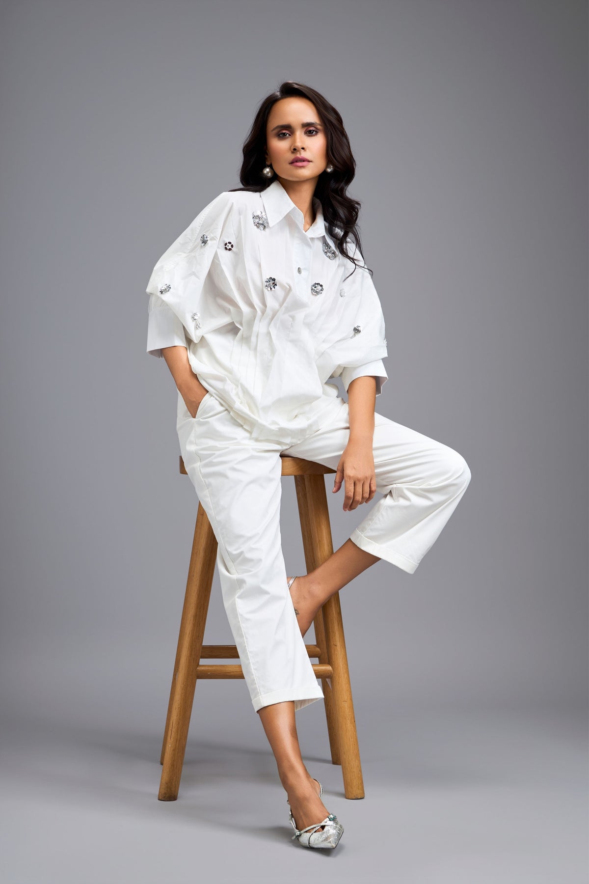 Embellished Button Down White Shirt