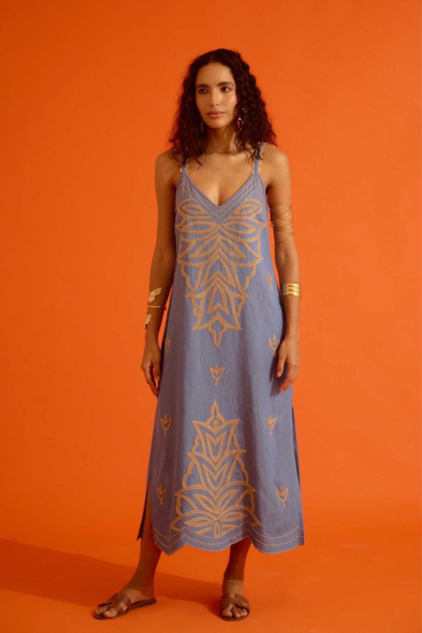 Denim Blue Strappy Dress with Thread Embroidery L Denim Blue Strappy Dress with Thread Embroidery L