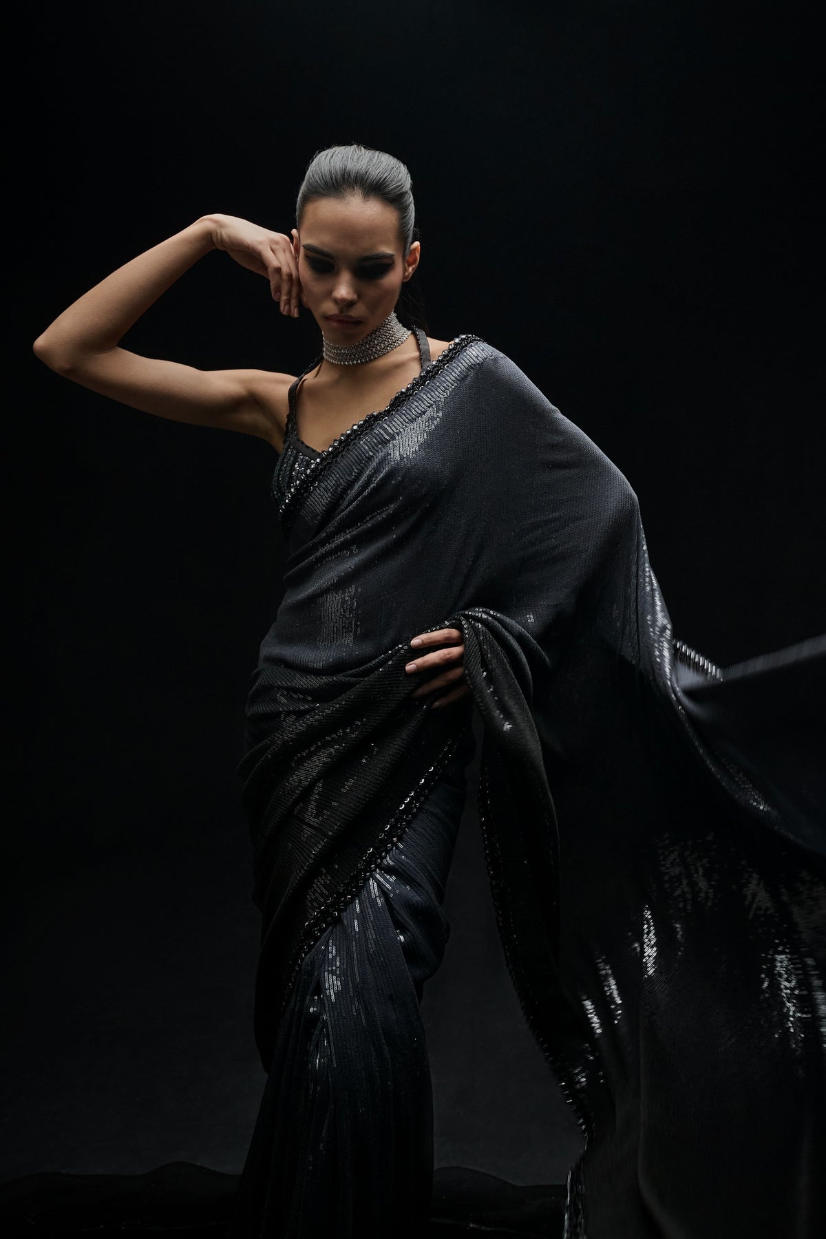 Black to Grey Ombre Sequins Saree