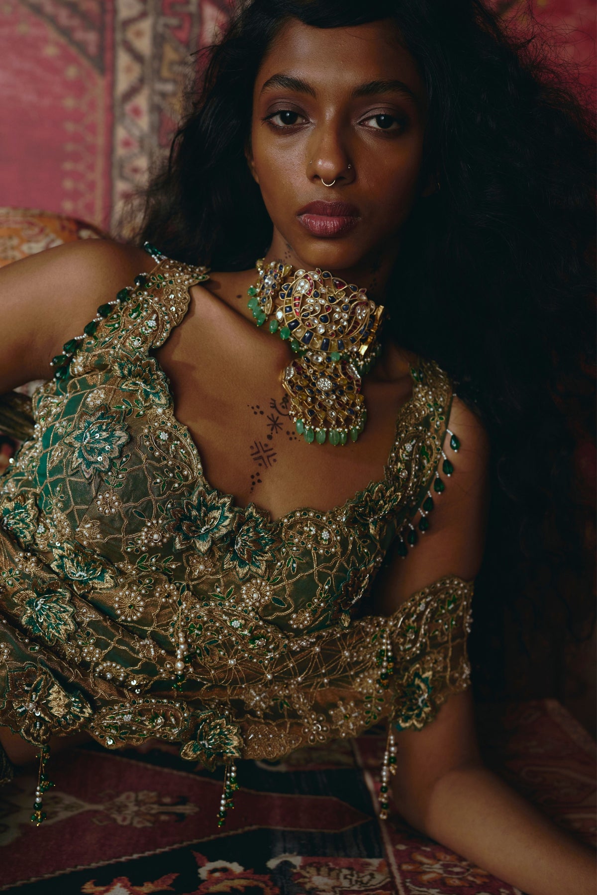 Emerald Green Drape Saree Set