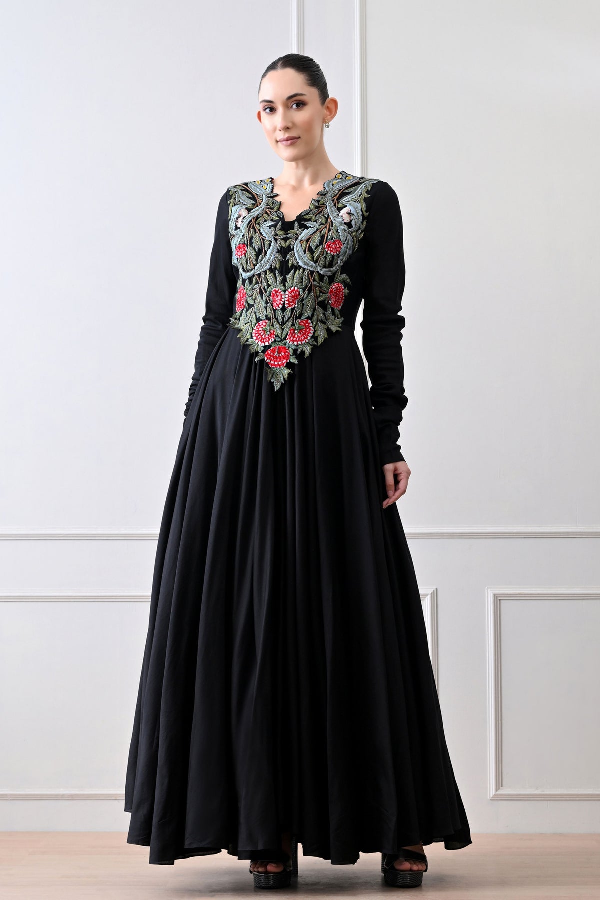 Black V-neck Embroidered Anarkali