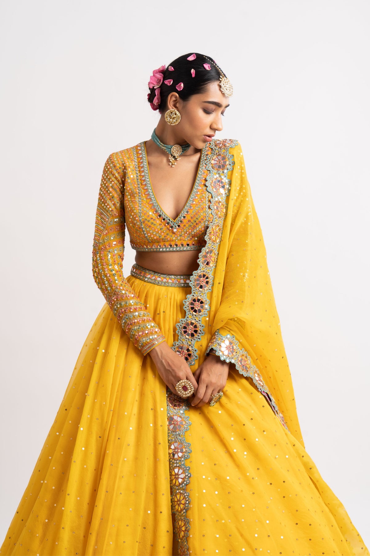 Yellow silk organza lehenga