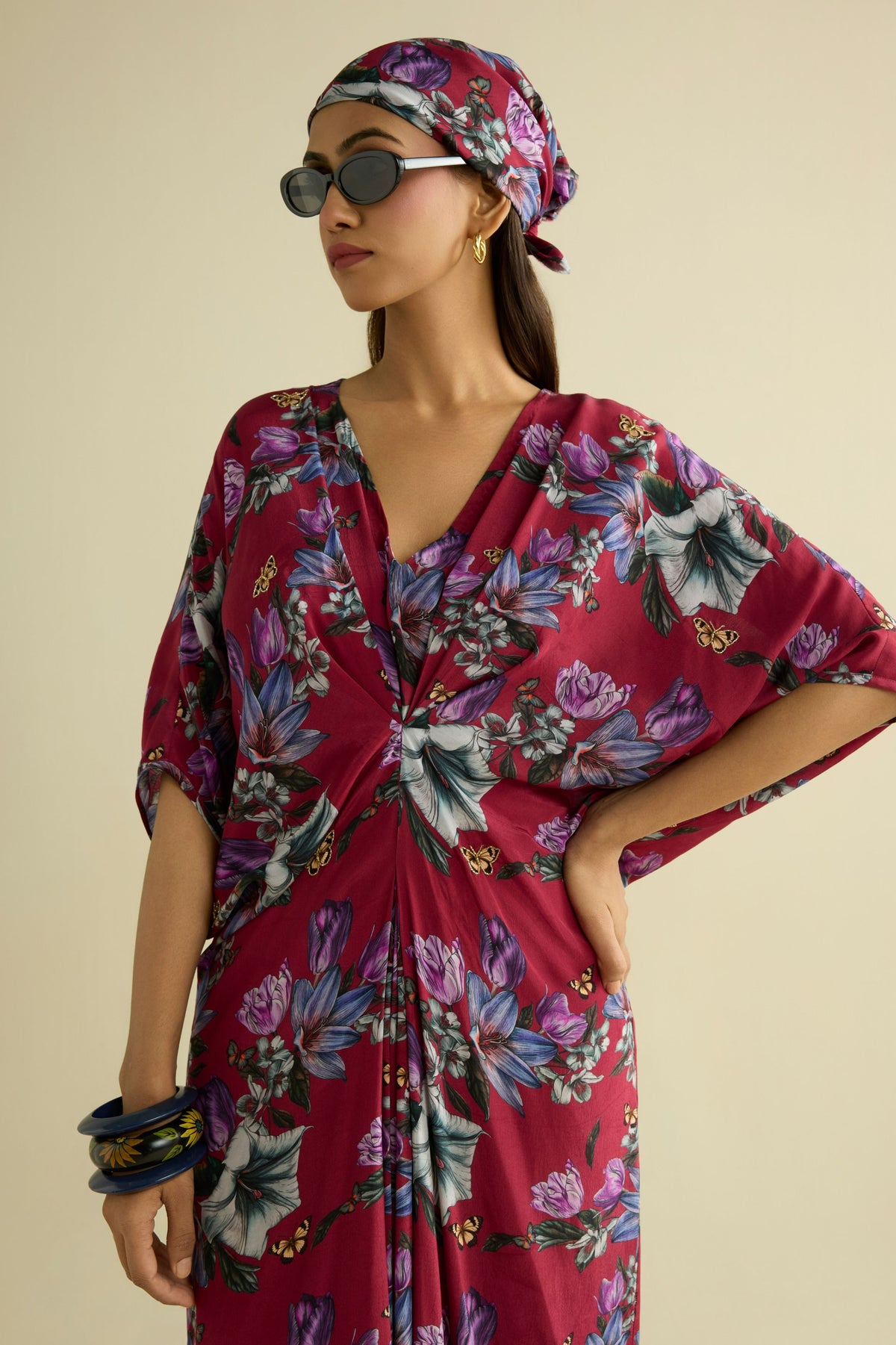 Maroon Embroidered Printed Kaftan
