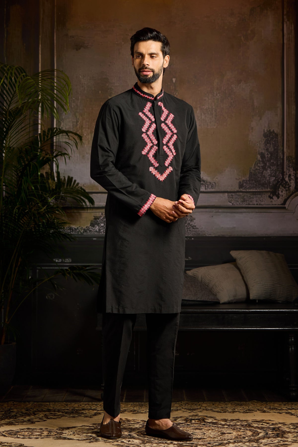 Black Maroon Embroidered Kurta Set