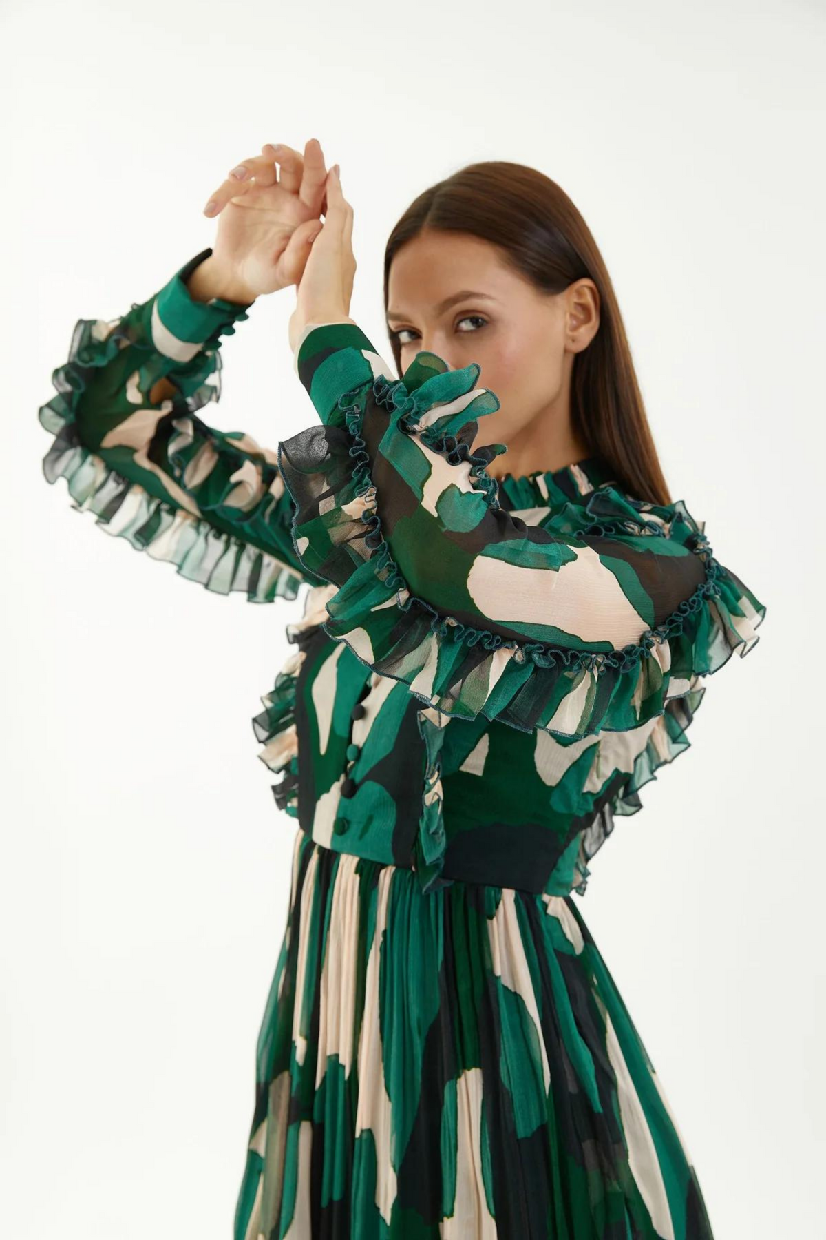 Green, Black And Off-white Abstract Frill Long Dress