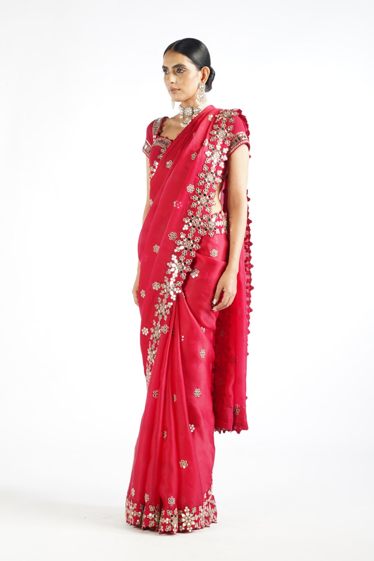 Crimson Red Mirror Work Saree Set