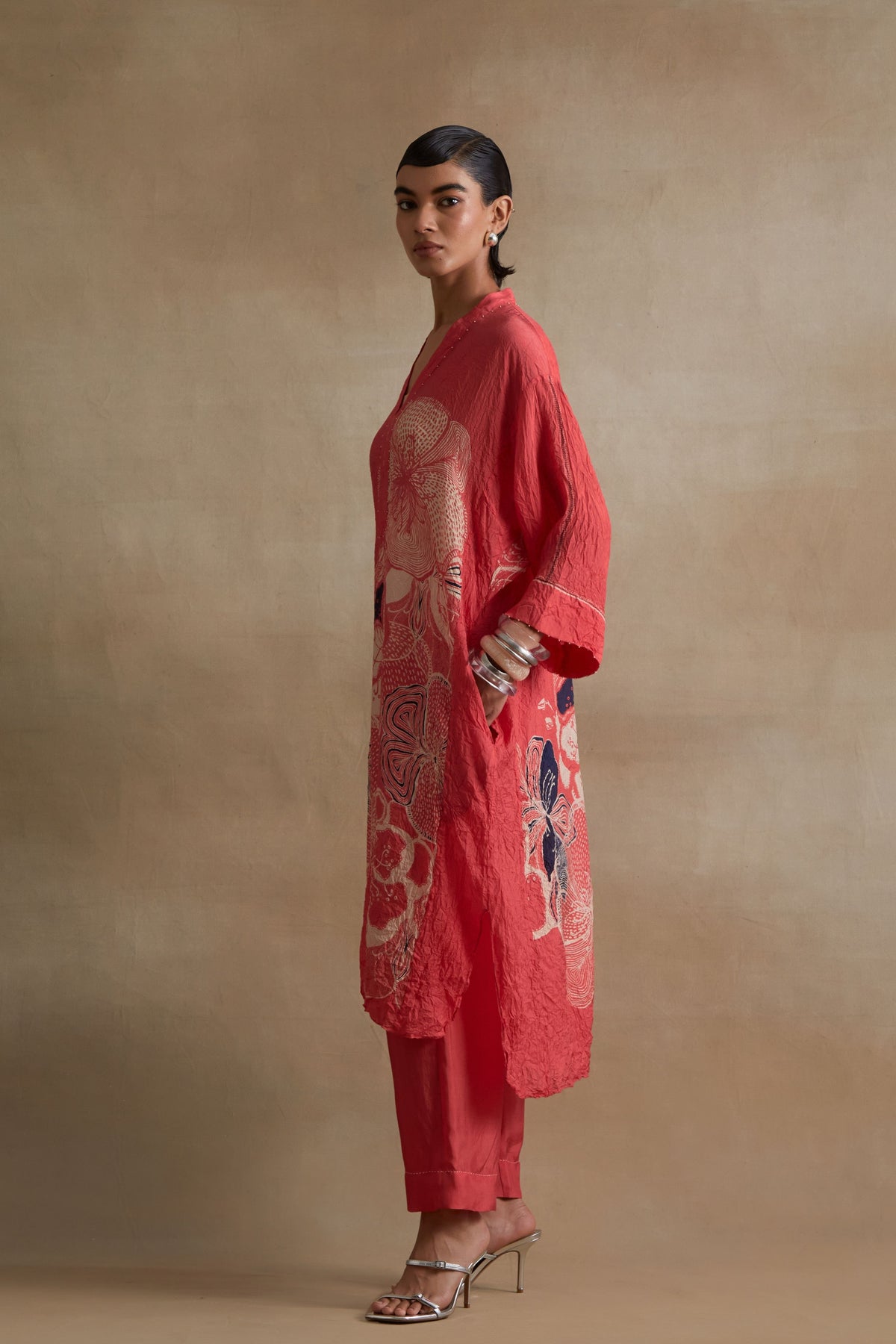 Tomato Embroidered Floral Kurta Set