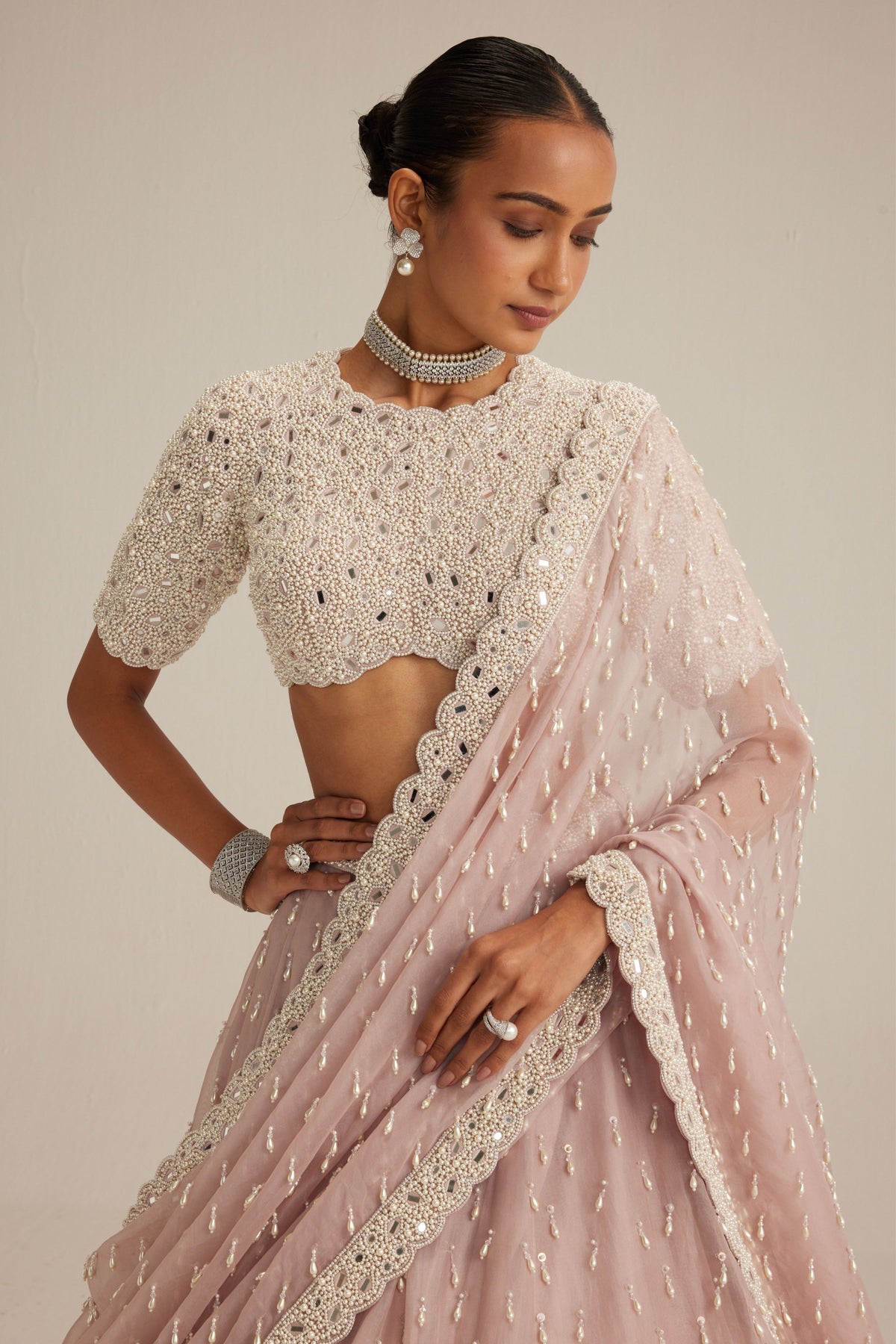 Ash Pink OAS Pearl Drop Lehenga