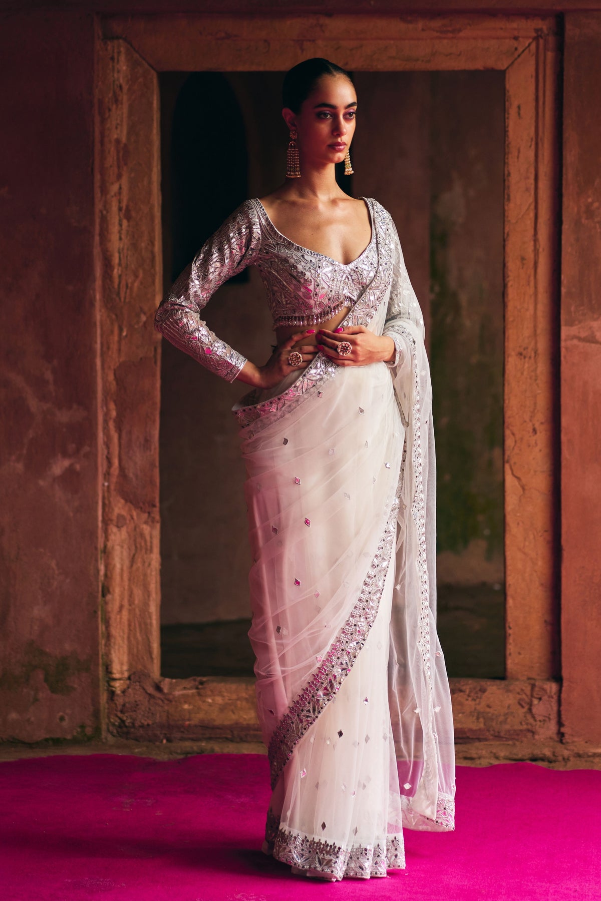 White Net Saree Set