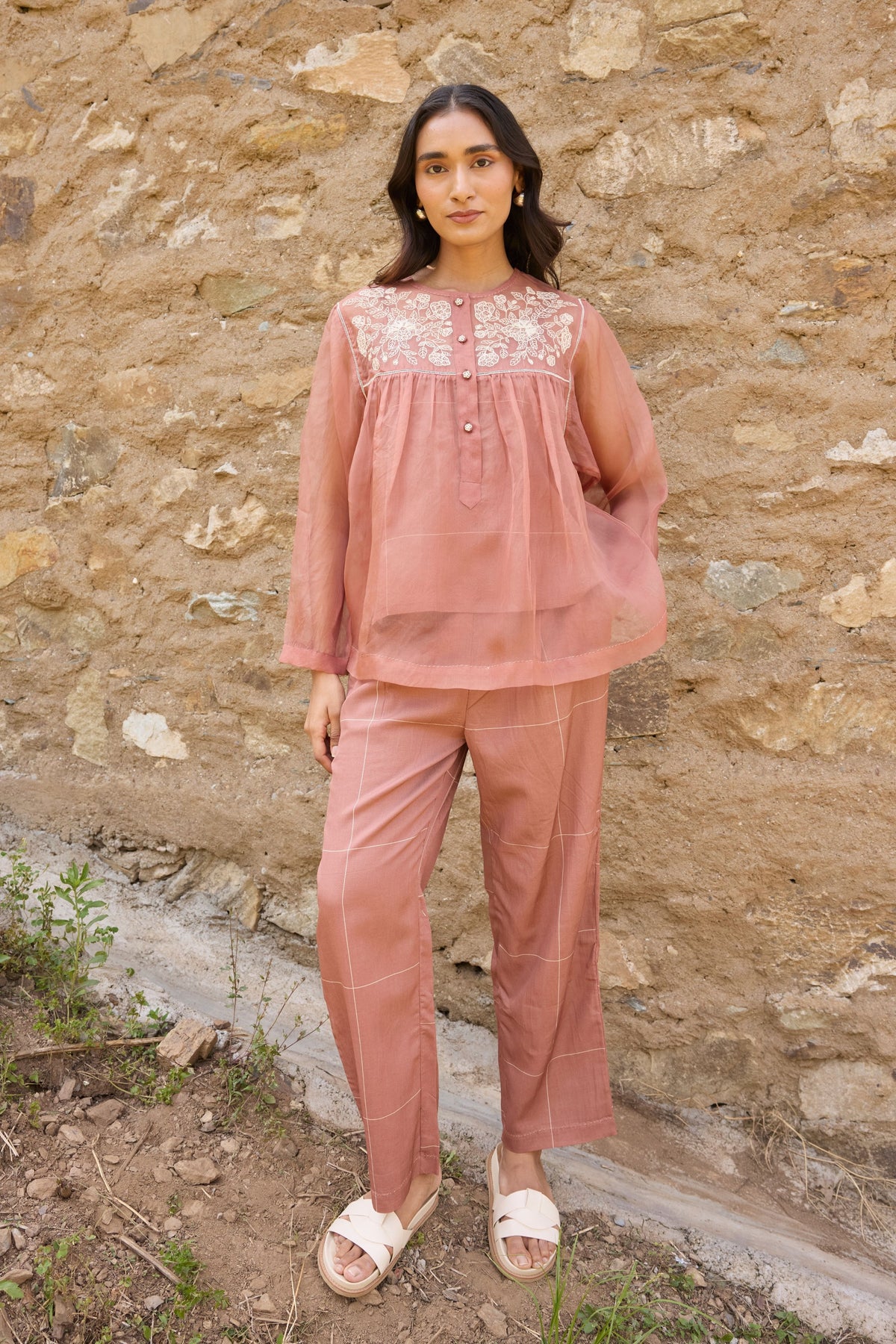 Sheer Brown Organza Yoke Top