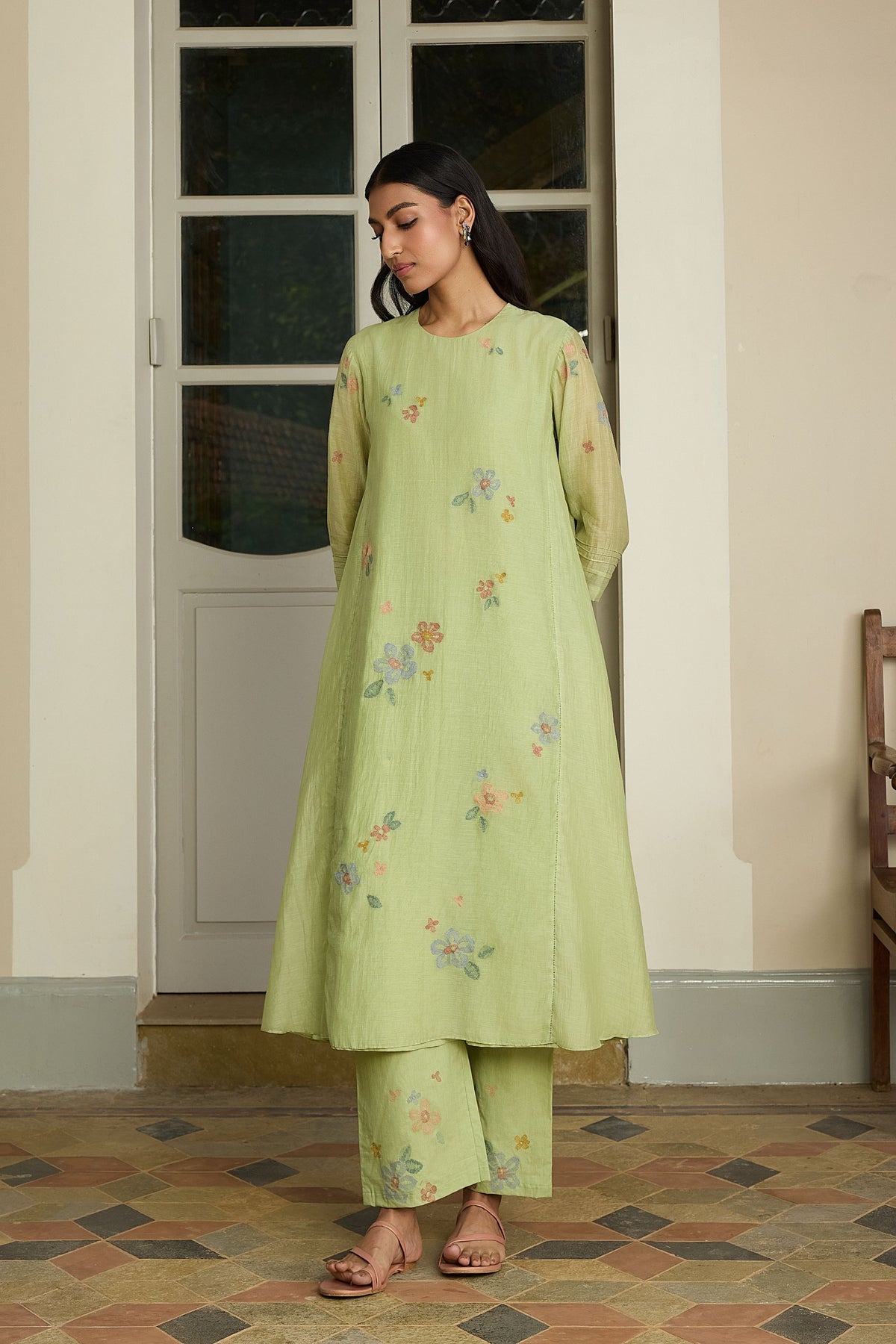 Lime Embroidered Floral Tunic Set