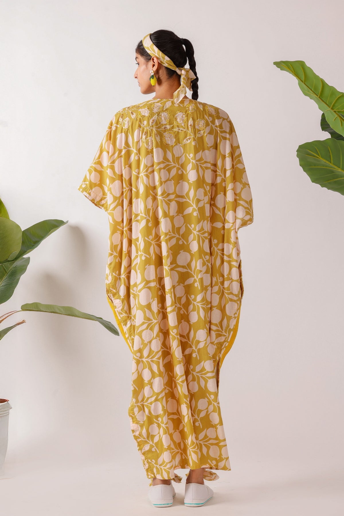 Olive Pomegranate Print Ruching Kaftan