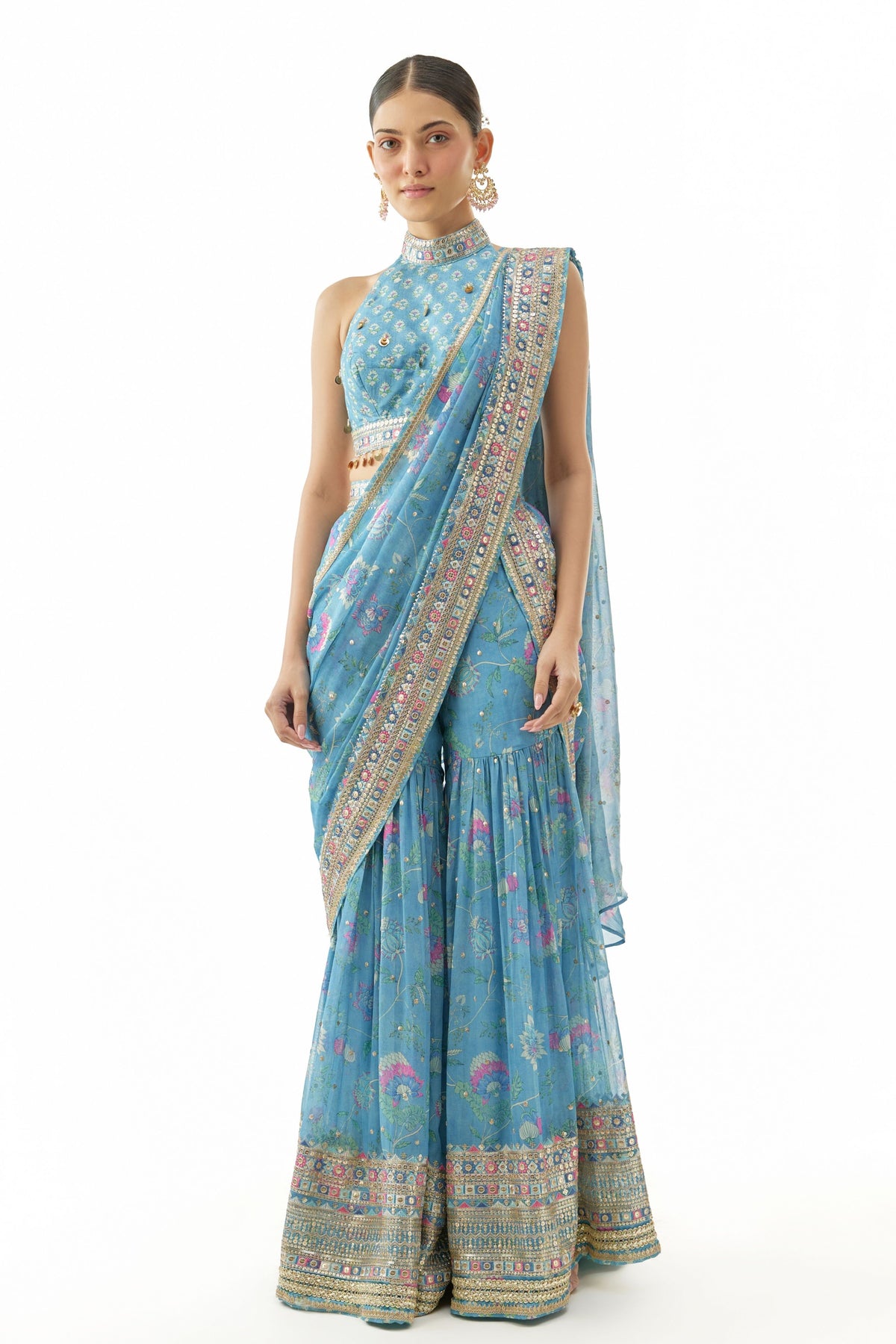 Blue Pakhi Draped Saree Set