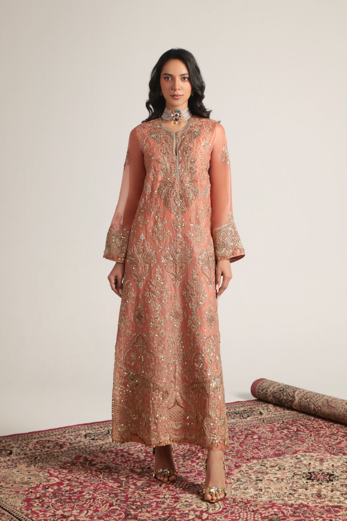 Peach Heavy Jaal Kaftan Set