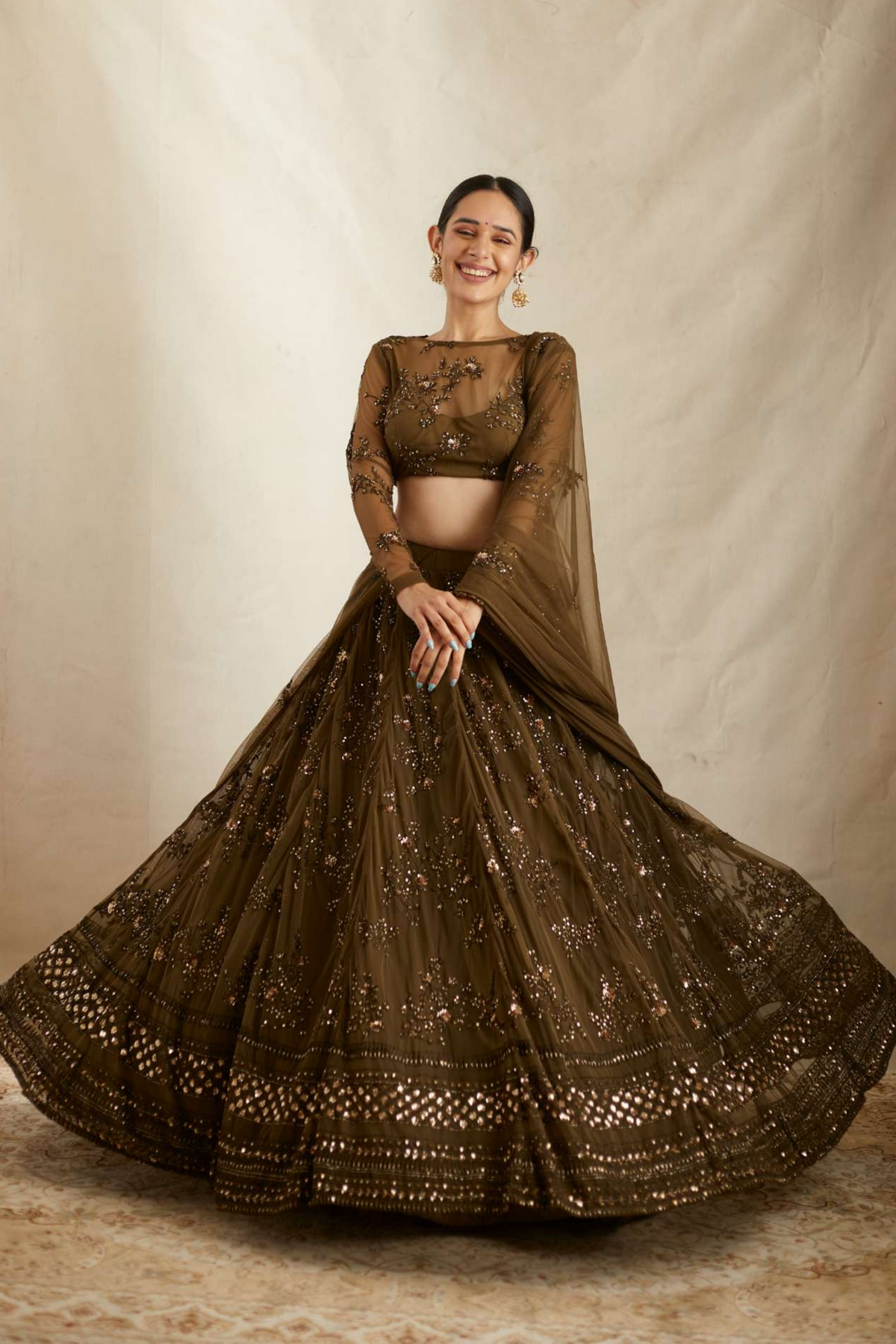 Green Thread Work Lehenga Set