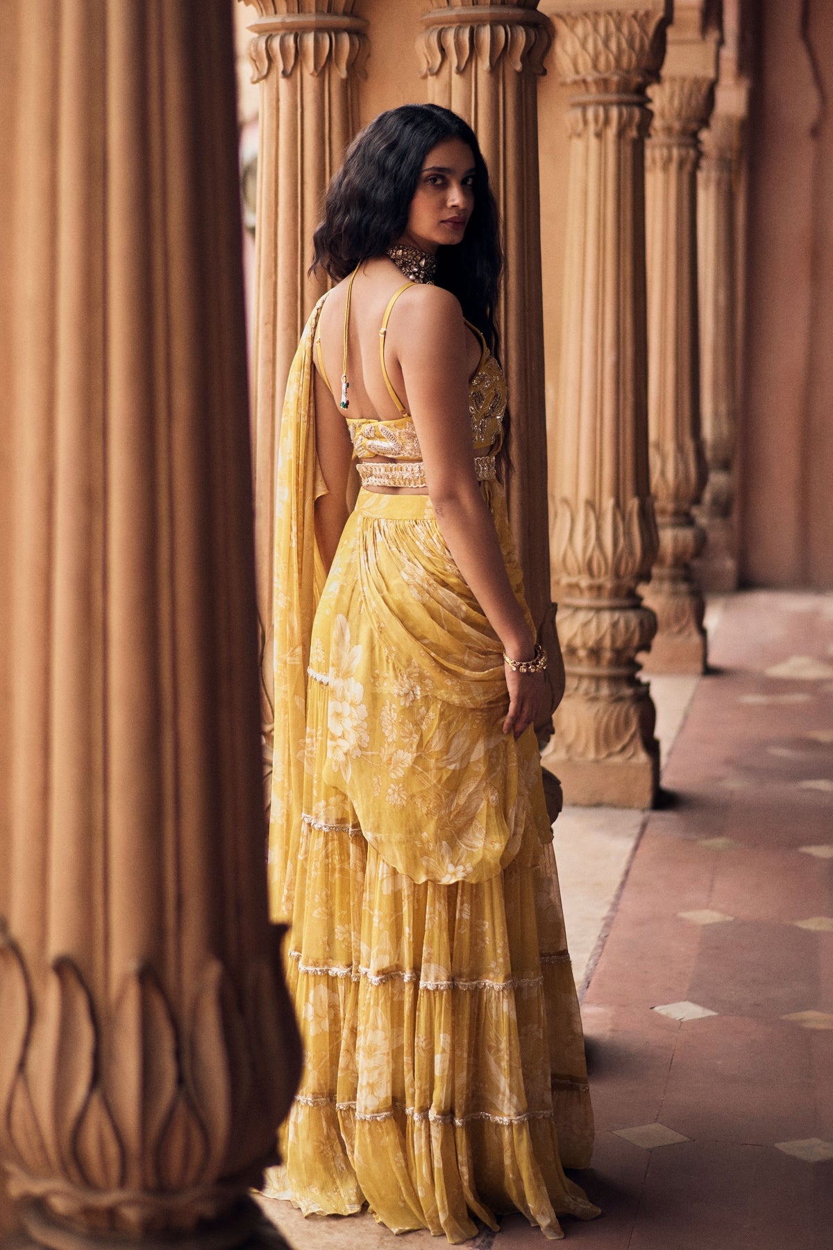 Vintage Floral Printed Saree Set