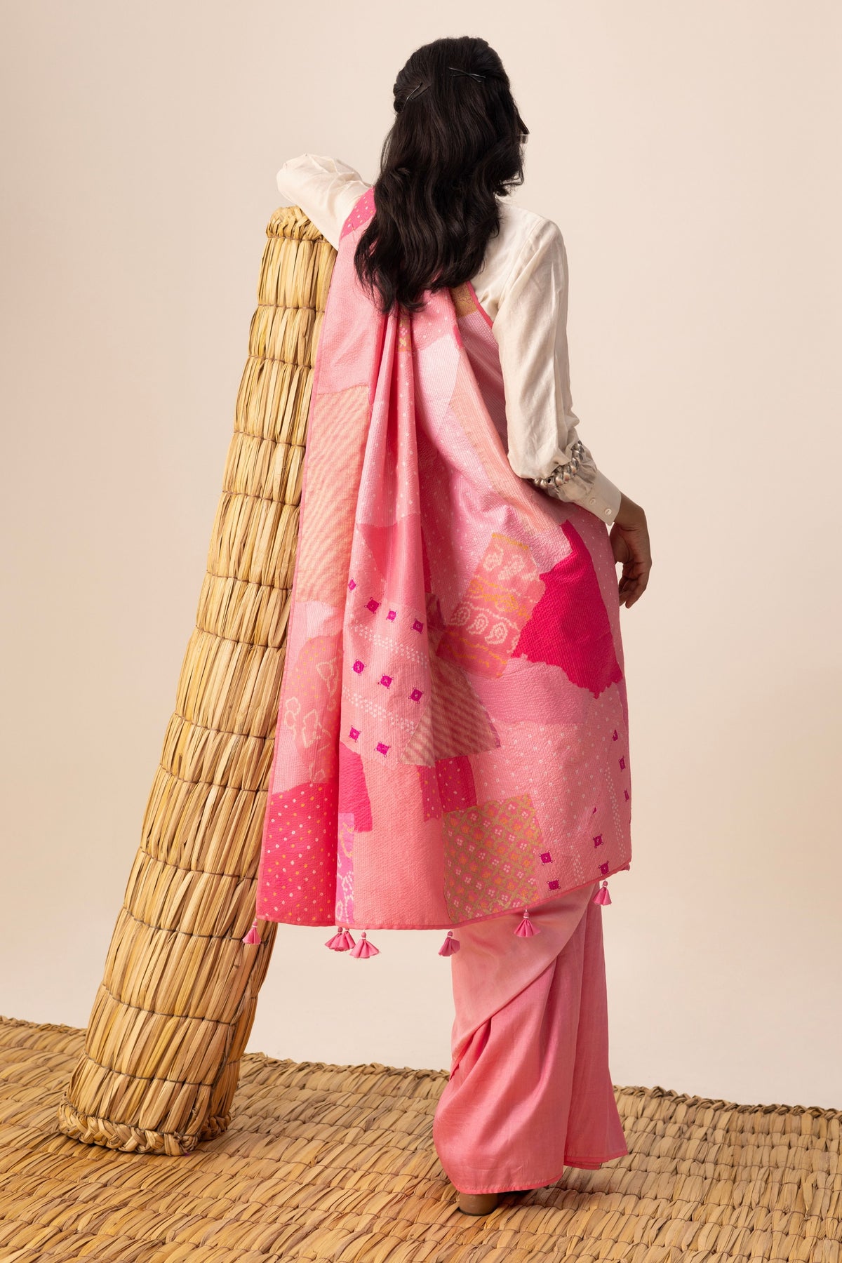 Pink Bandhani Patchwork Saree set