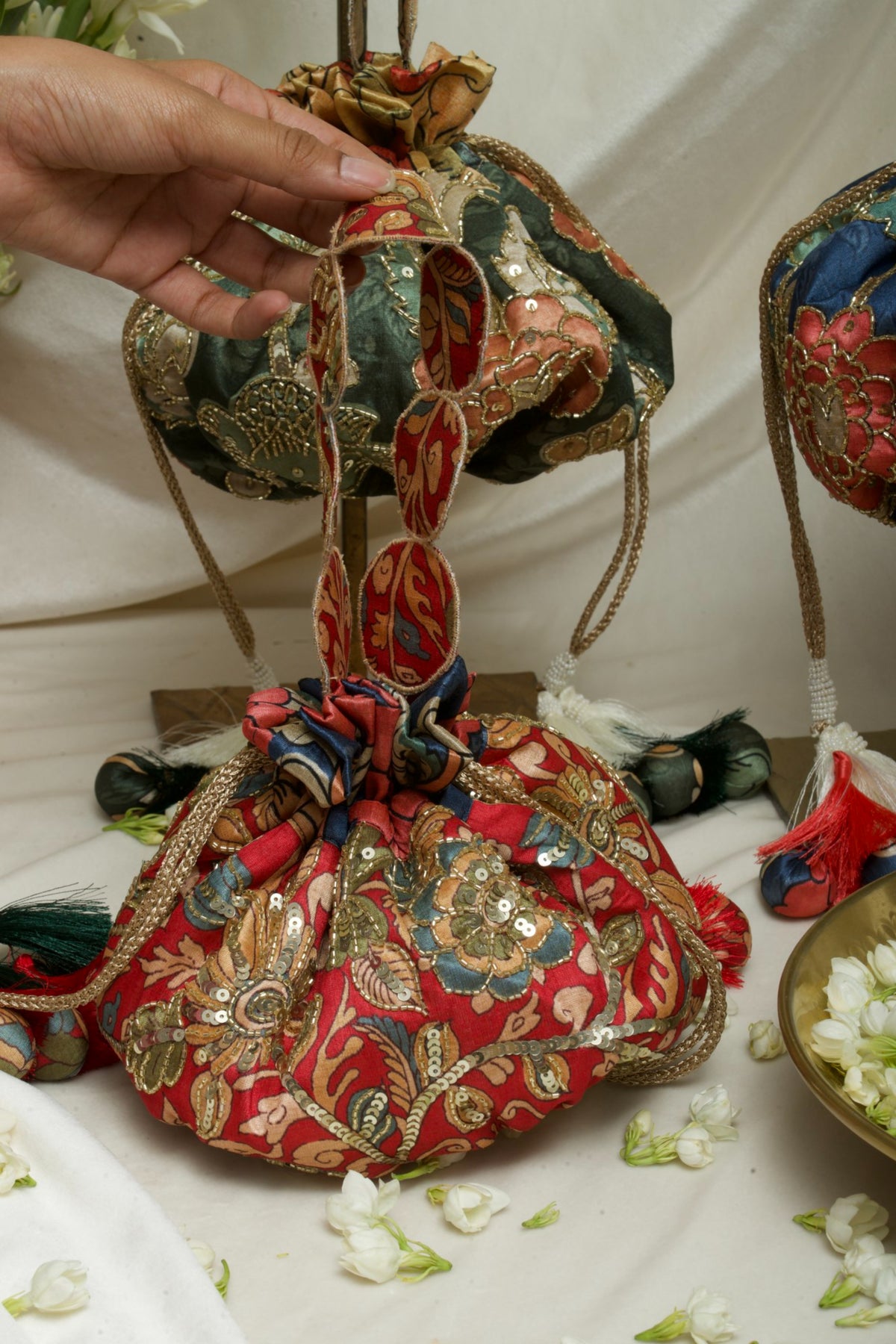 Kalamkari Gol Potli Bag Red