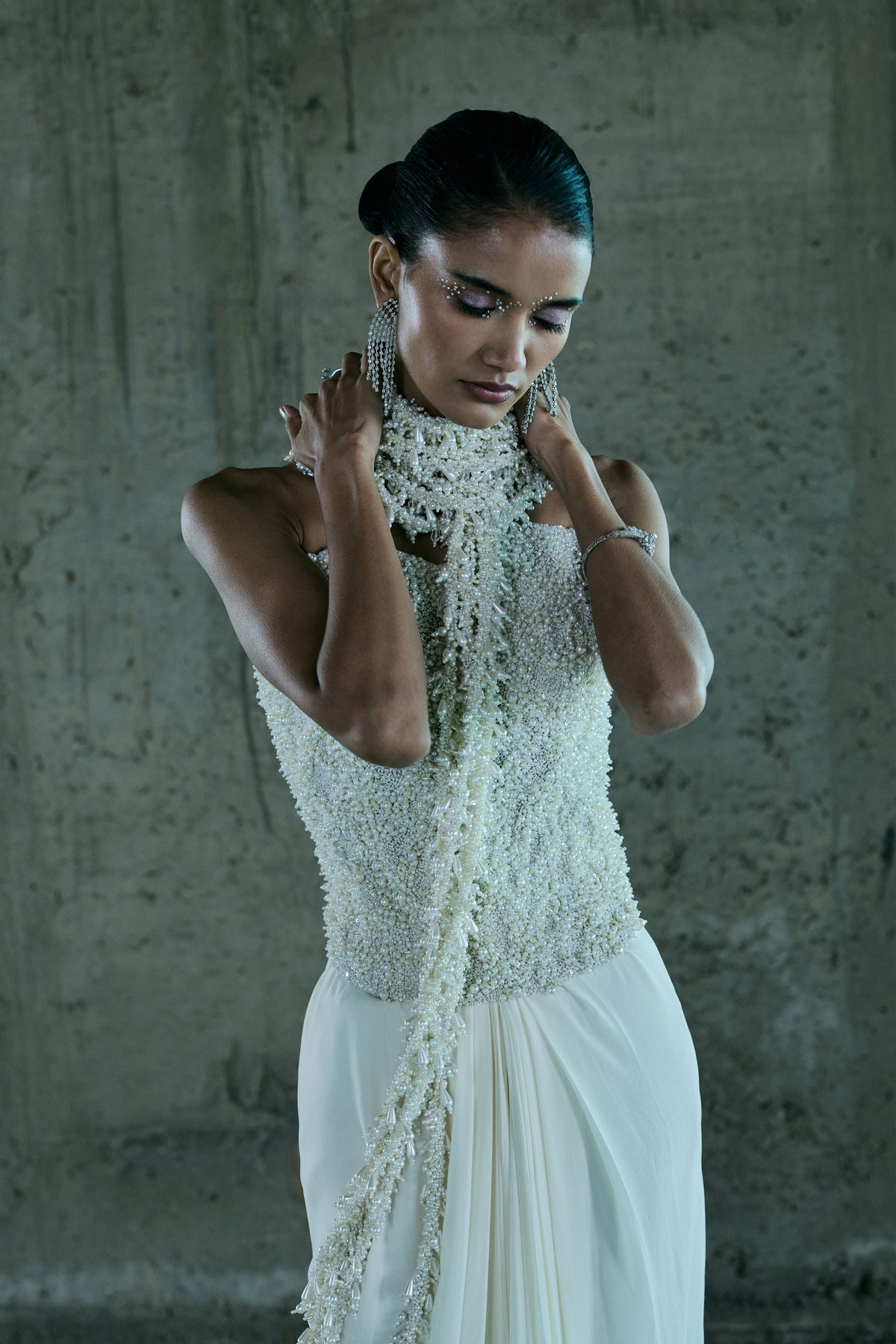 Ivory Pearl Embellished Drape Saree
