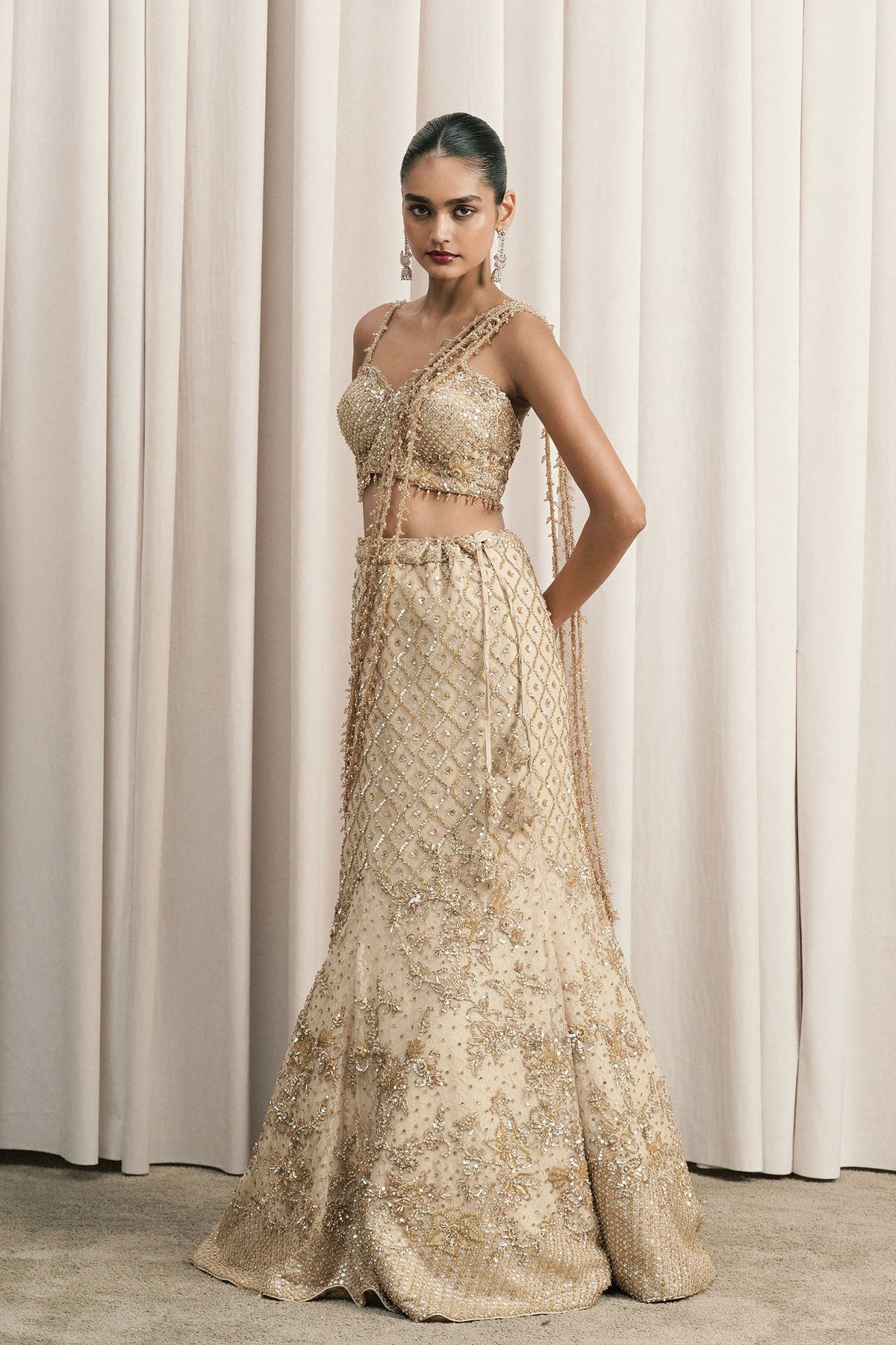 Beige Sequin Embellished Lehenga Set