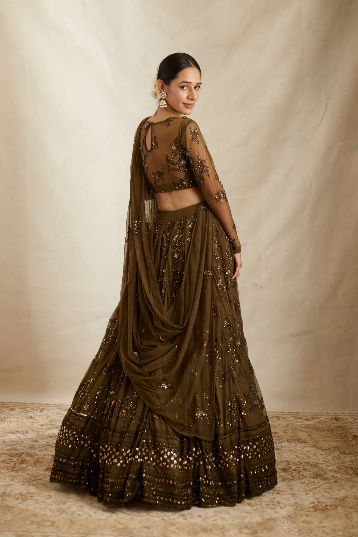 Green Thread Work Lehenga Set