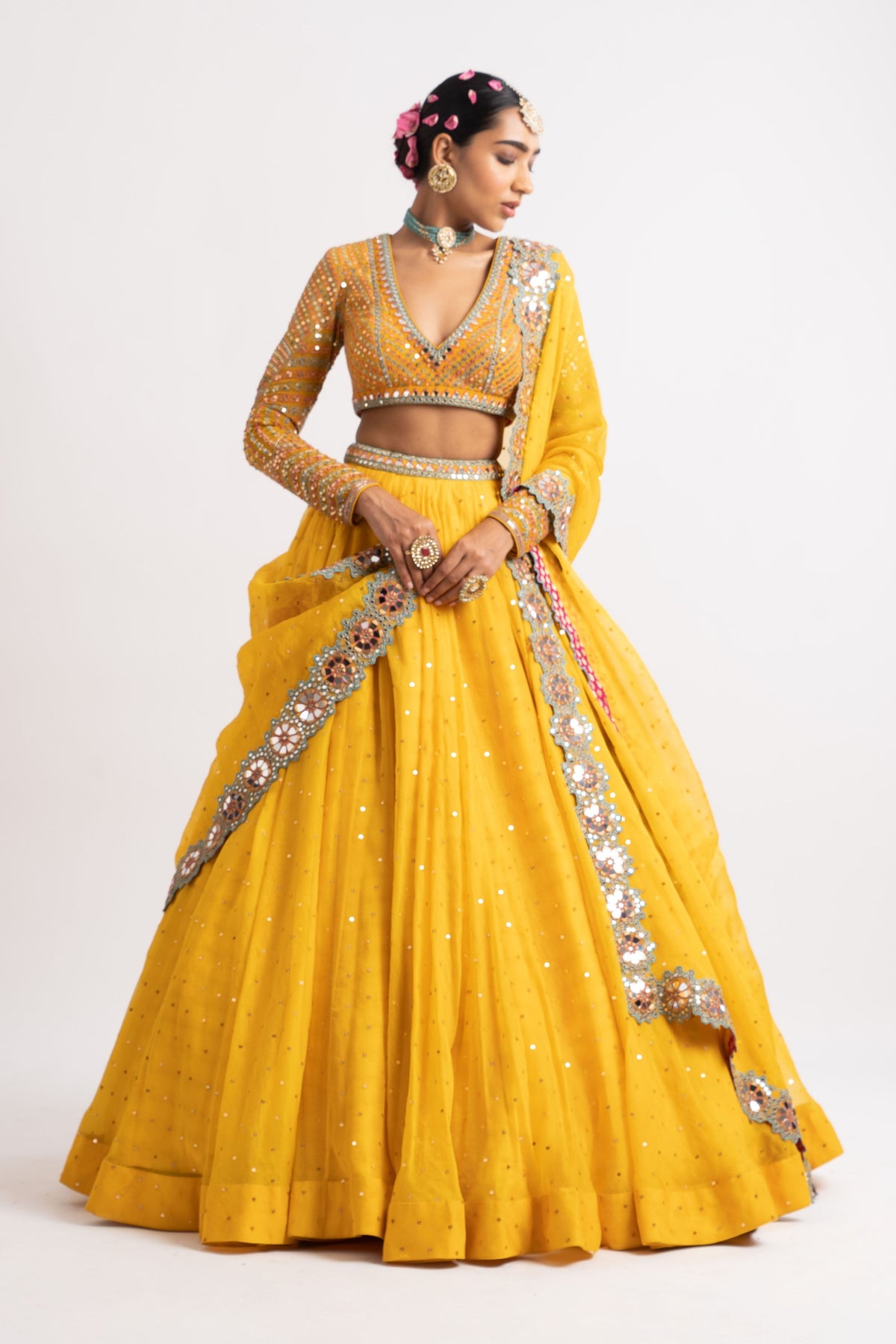 Yellow silk organza lehenga