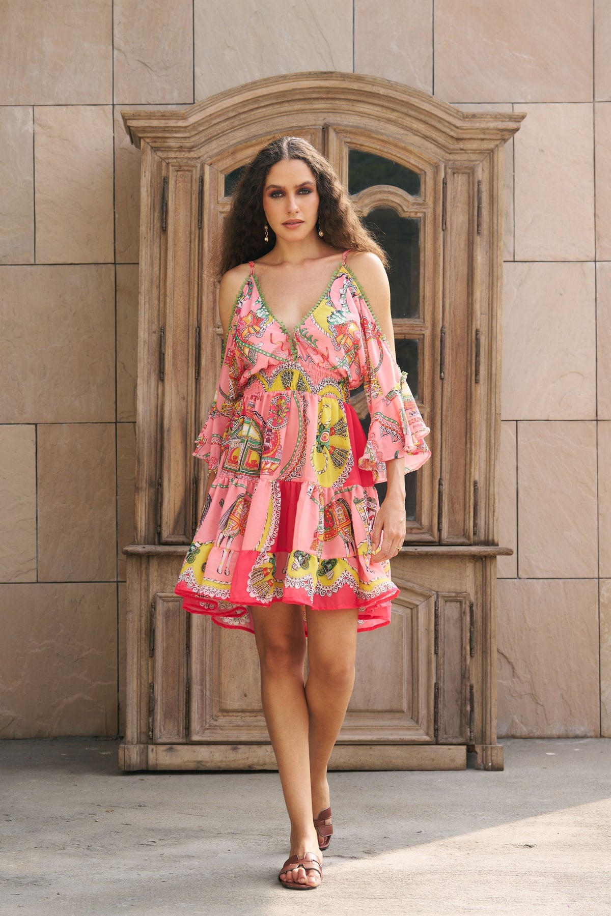 Peach Printed Cold Shoulder Mini Dress