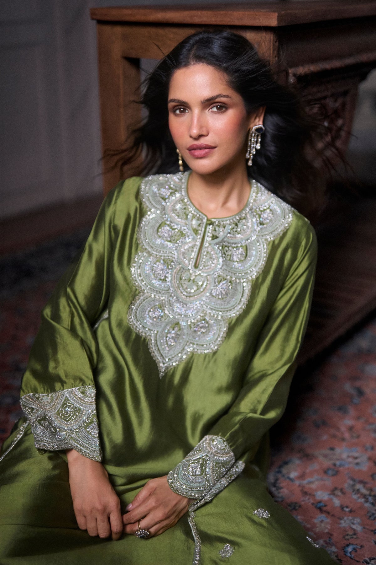 Olive Green Embroidered Kurta Set