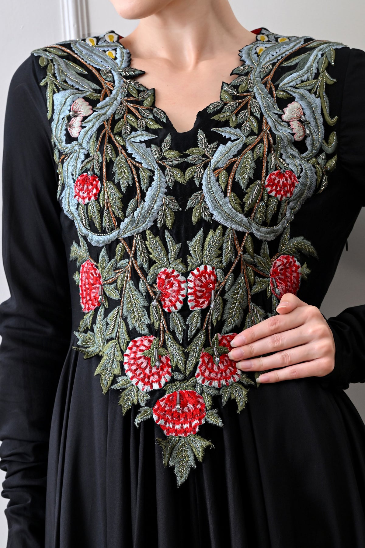 Black V-neck Embroidered Anarkali