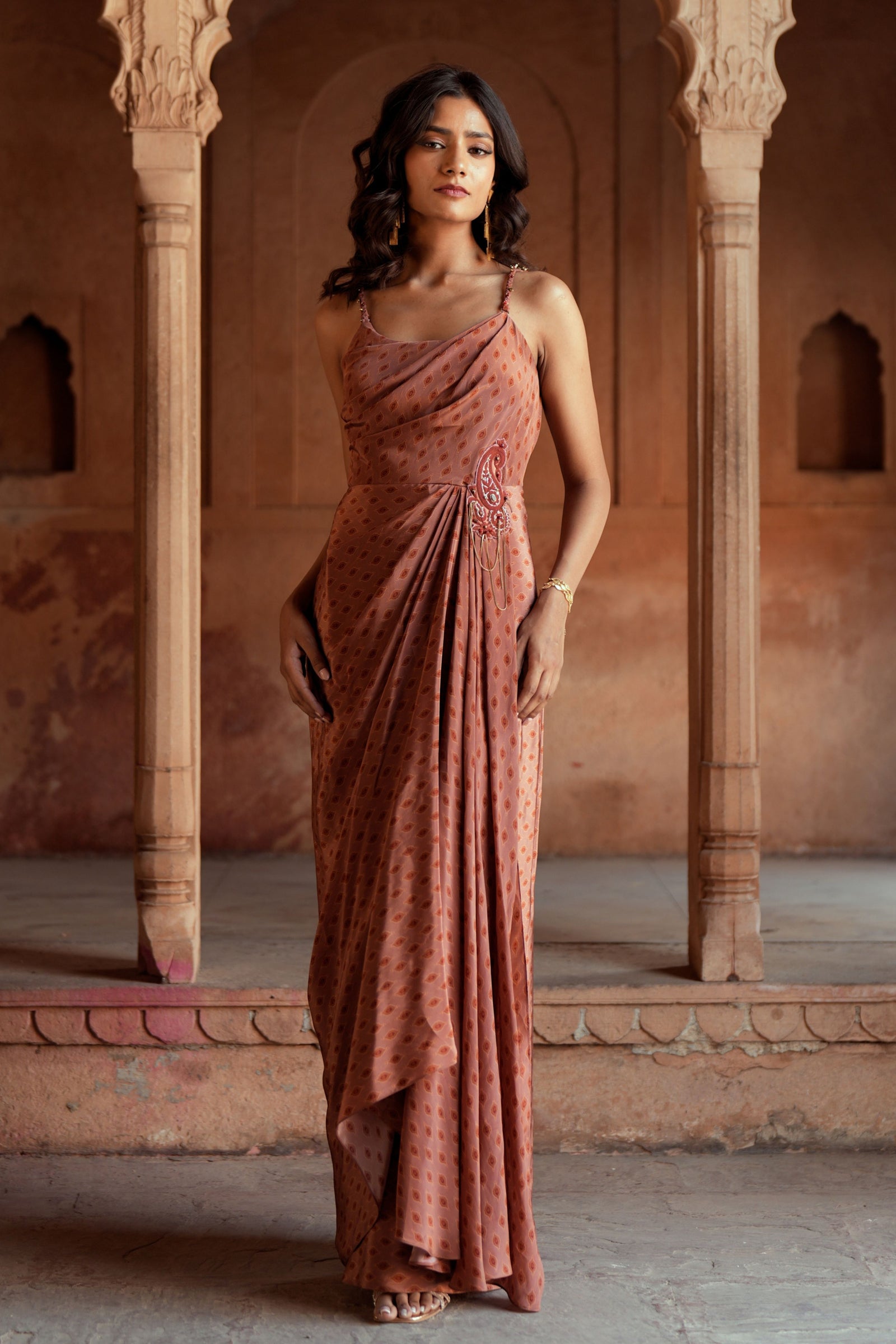 indian style evening dresses Wine Long Dress with net drape | gown dress