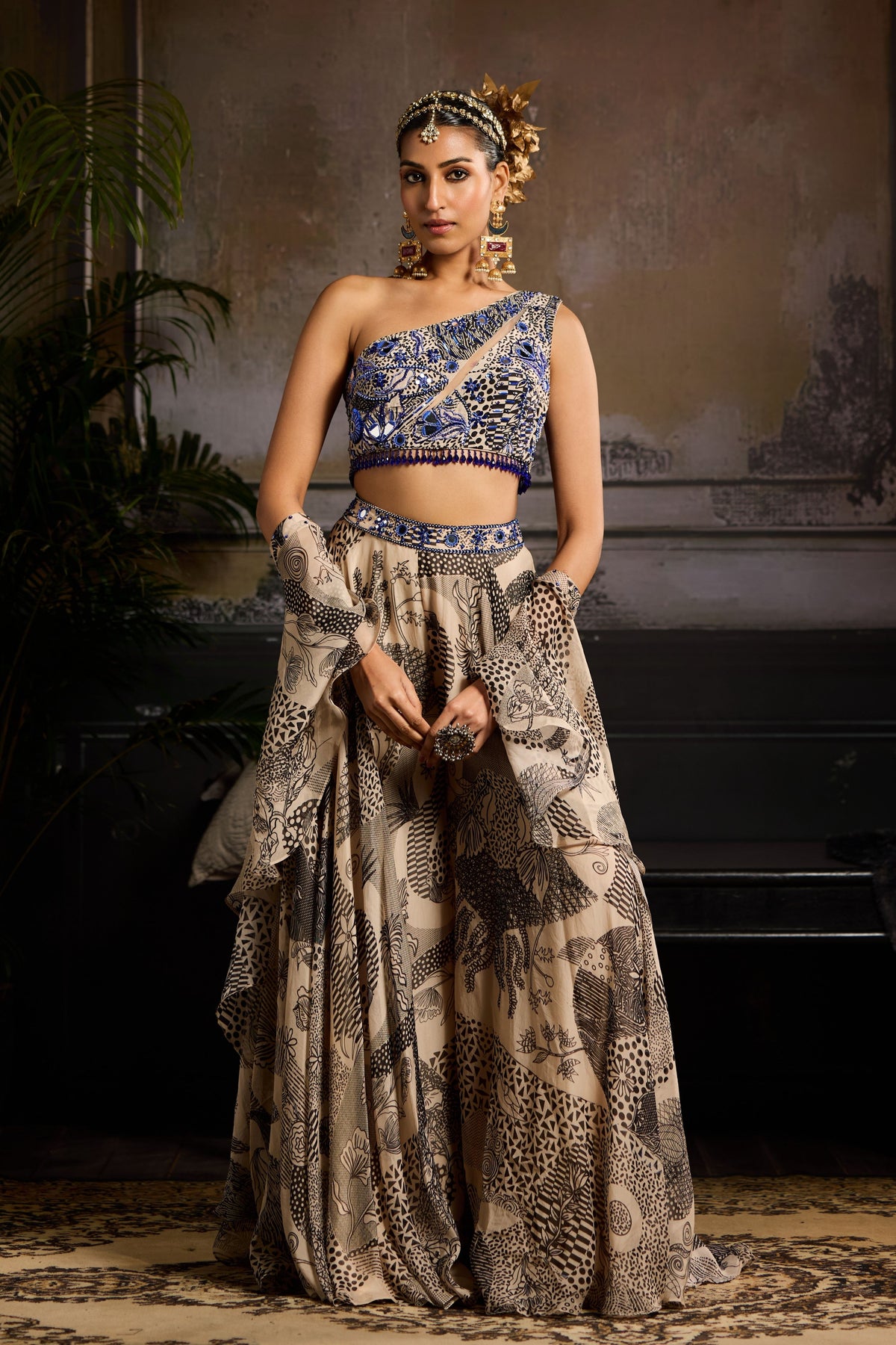 Beige and Teal Highlighted Sharara Set