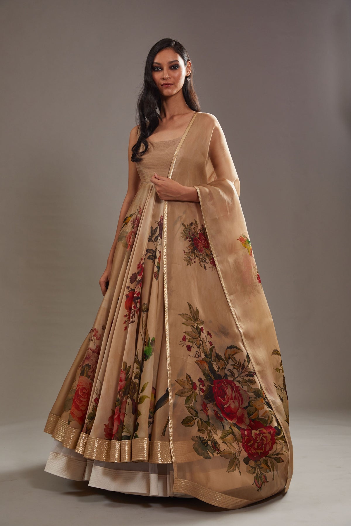 Printed Anarkali Set in Beige
