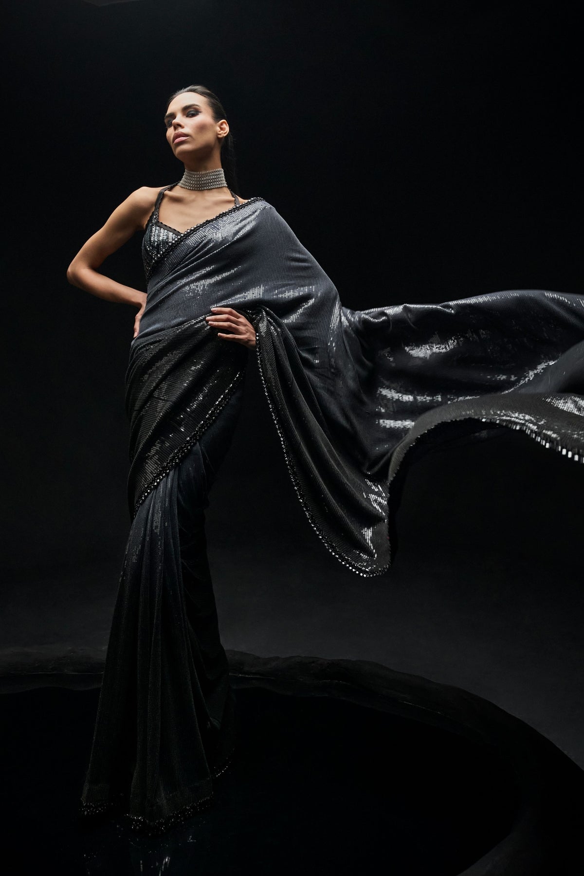 Black to Grey Ombre Sequins Saree