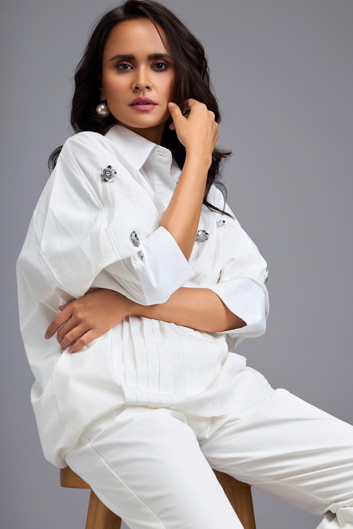 Embellished Button Down White Co-ord Set