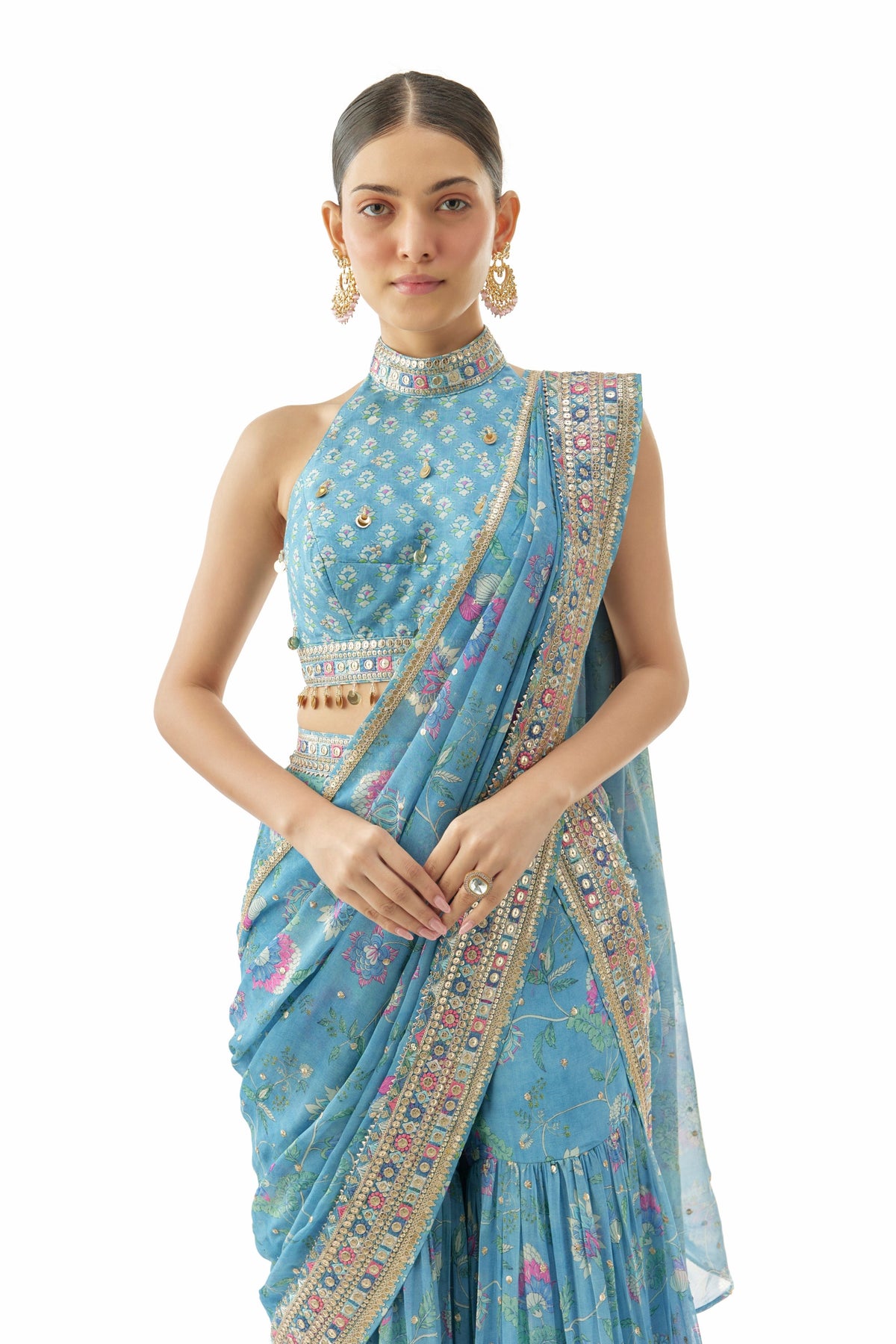 Blue Pakhi Draped Saree Set