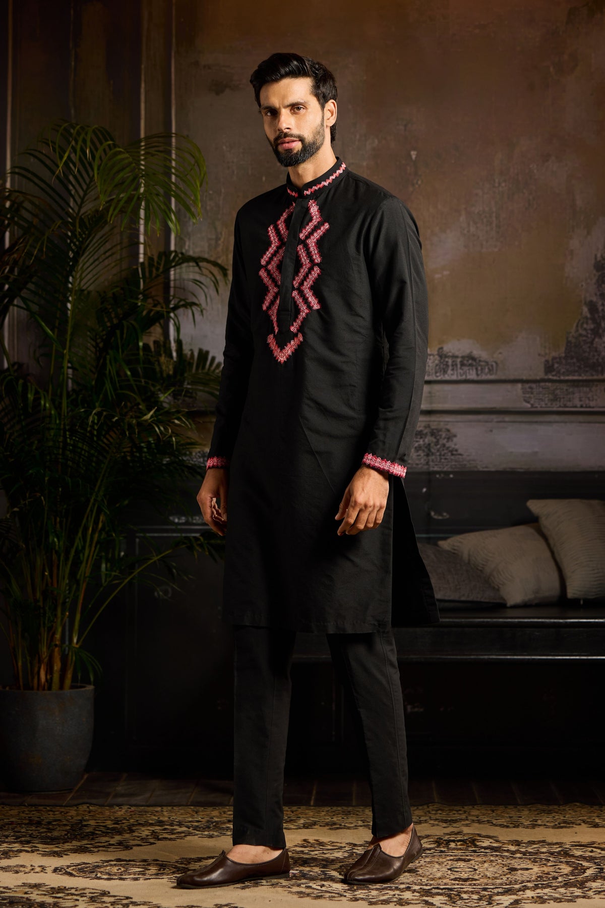 Black Maroon Embroidered Kurta Set