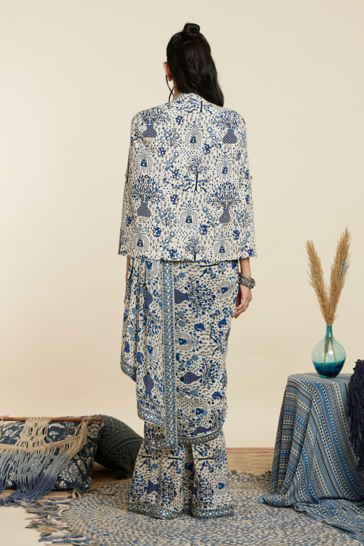 Blue Cascade Saree Set With Jacket