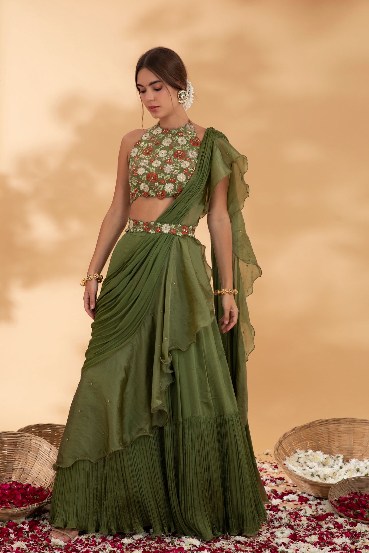 Juniper Green Pre Draped Saree Set