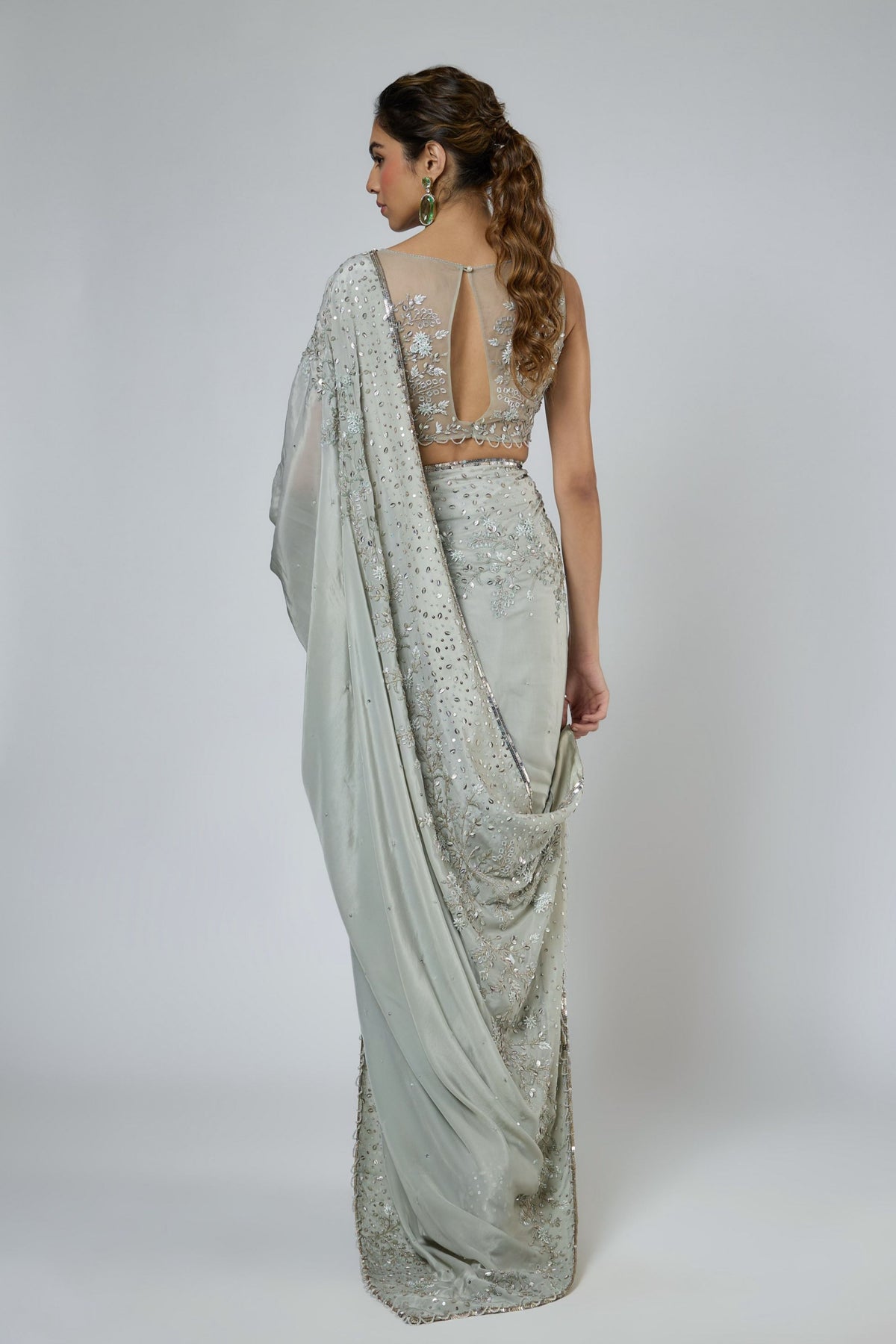 Dusty Green Draped Saree Set