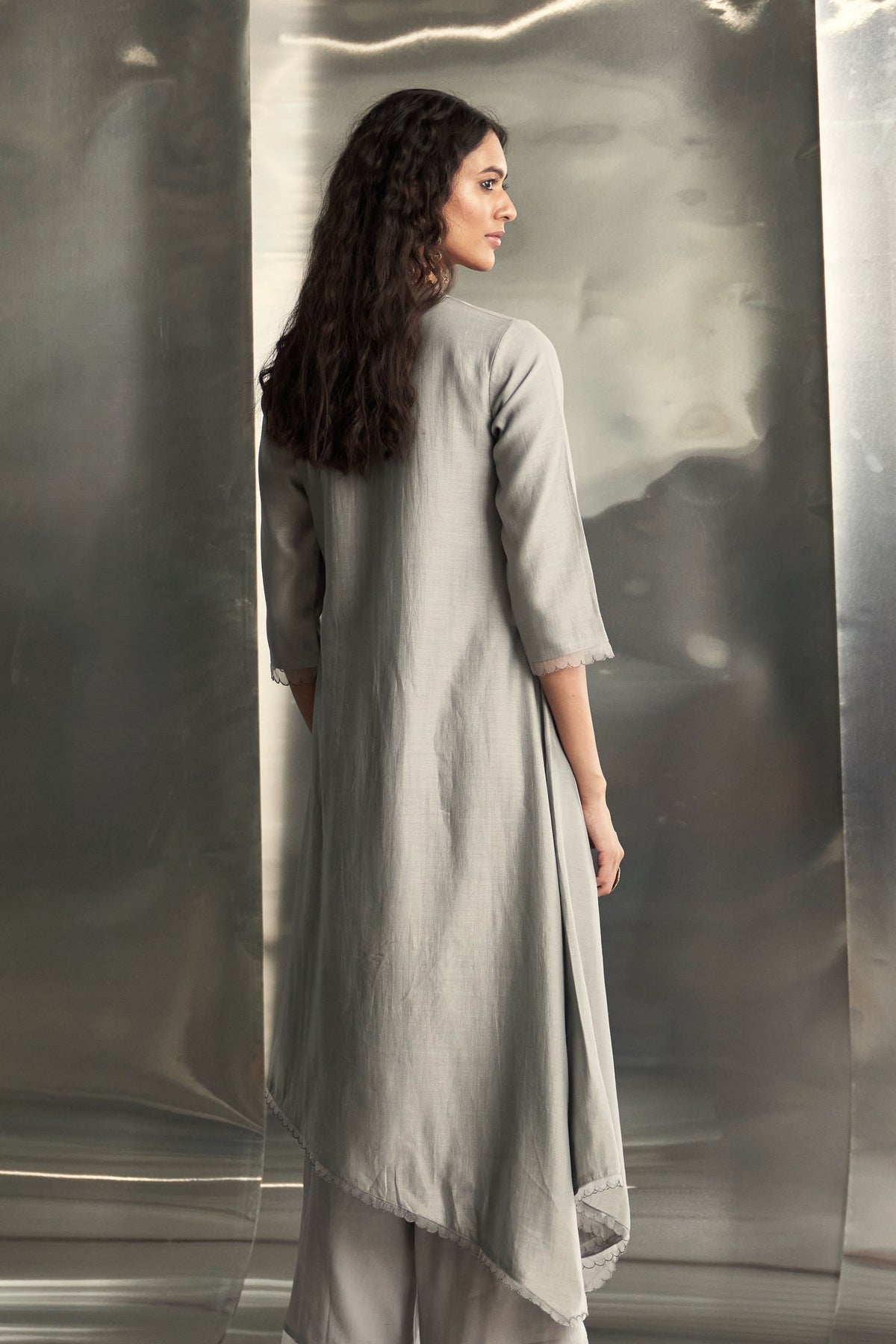 Steel Grey Asymmetrical Kurta Set