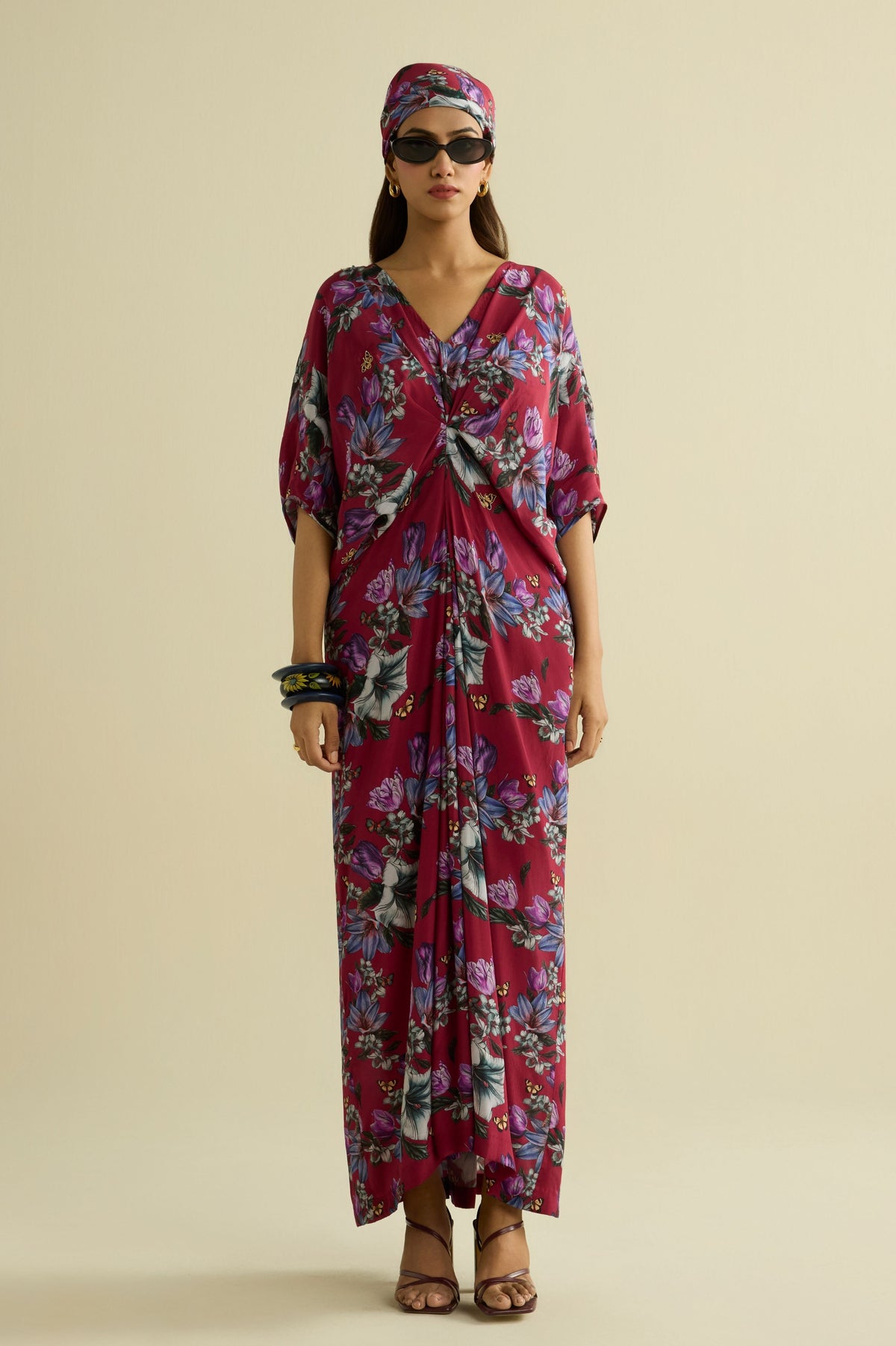 Maroon Embroidered Printed Kaftan