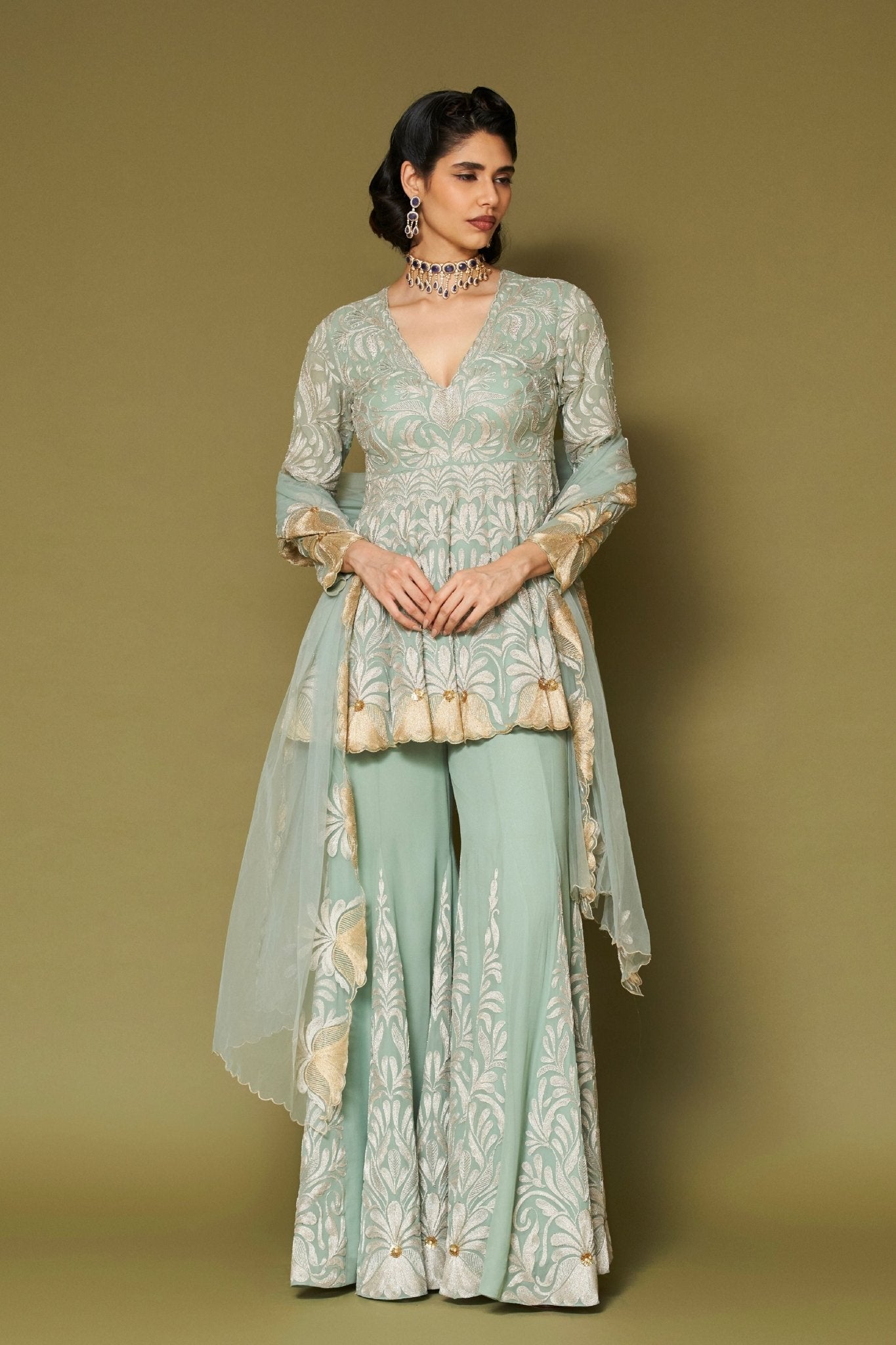 Aqua Embroidered Georgette Sharara Set - Devnaagri - Elahe