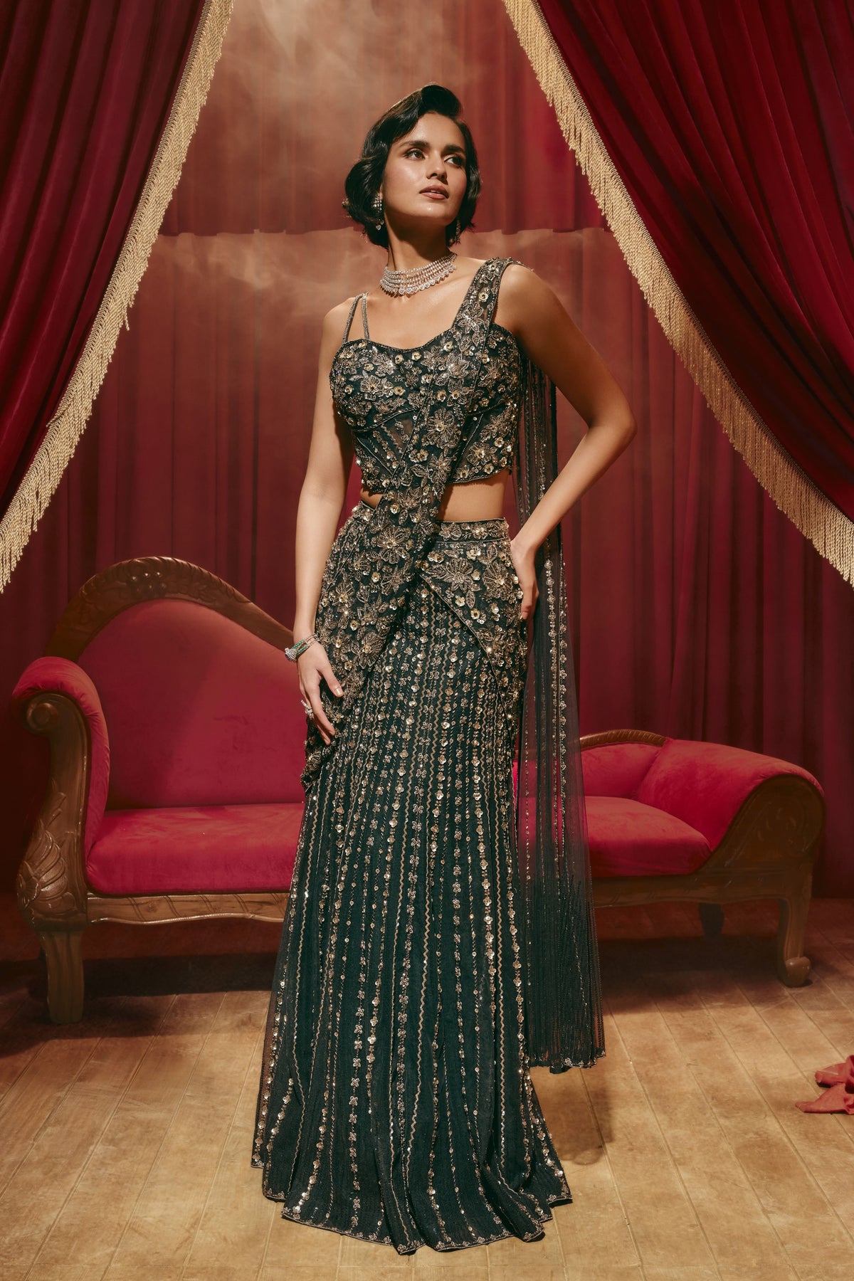 Beatrice Blue Draped Saree Set