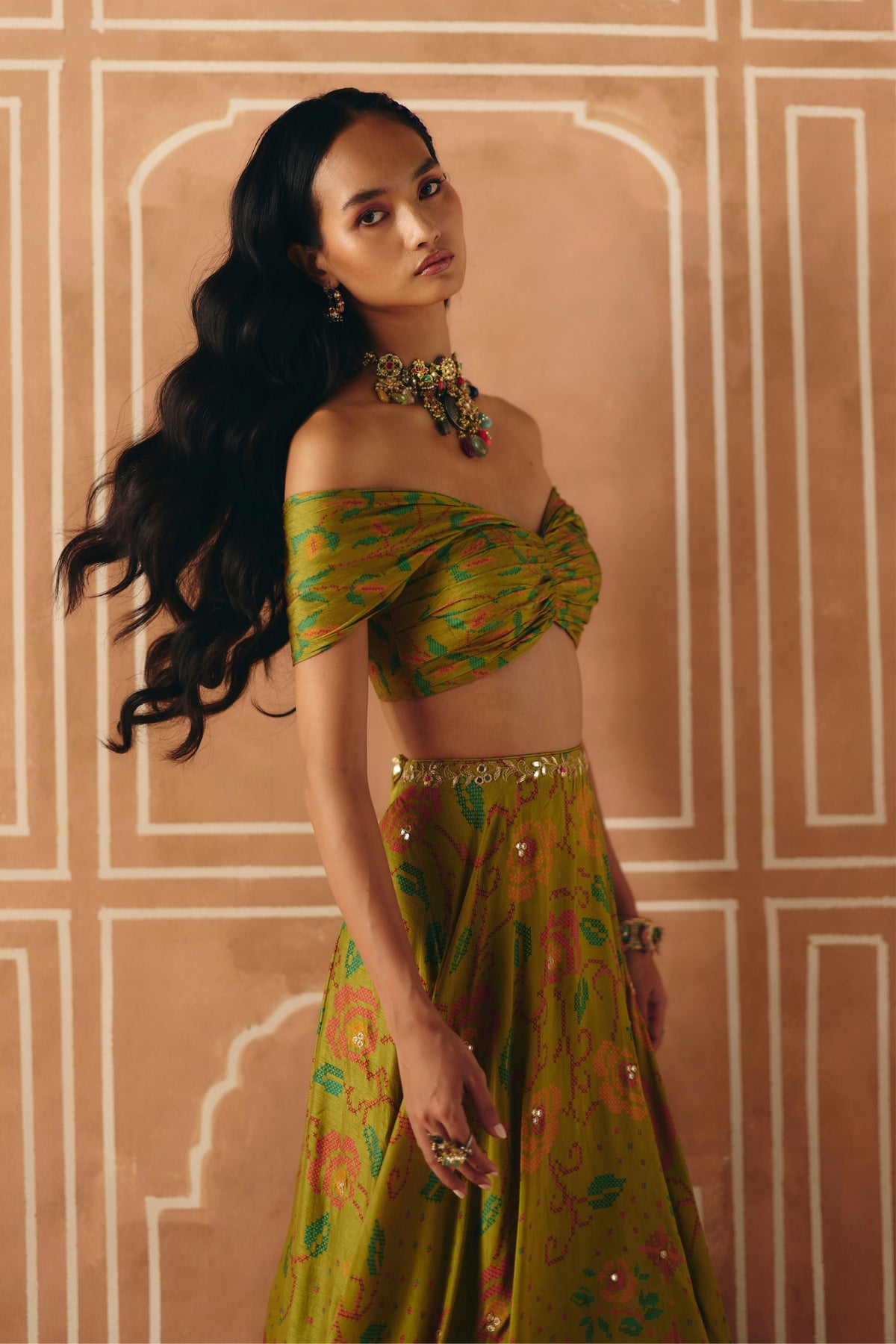 Parrot Green Off Shoulder Lehenga