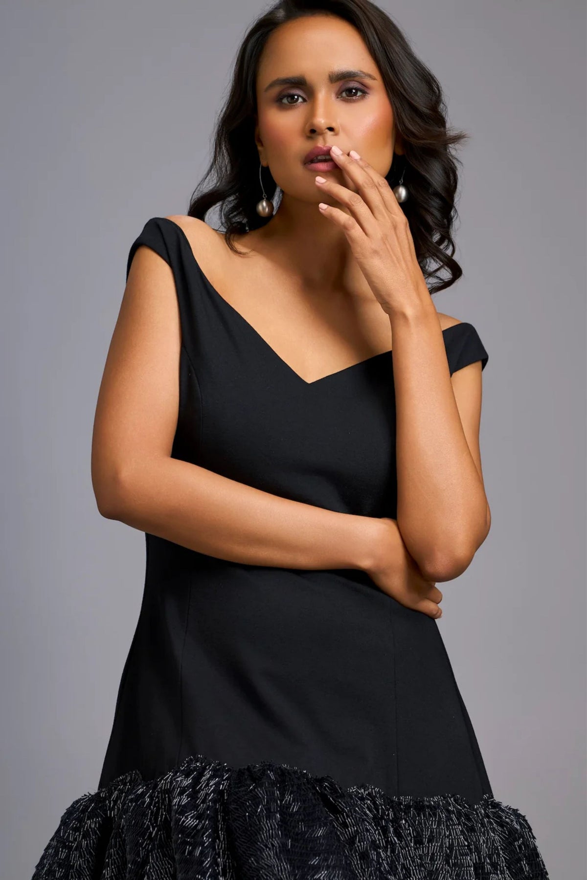 Off-Shoulder  Black Shimmer Dress