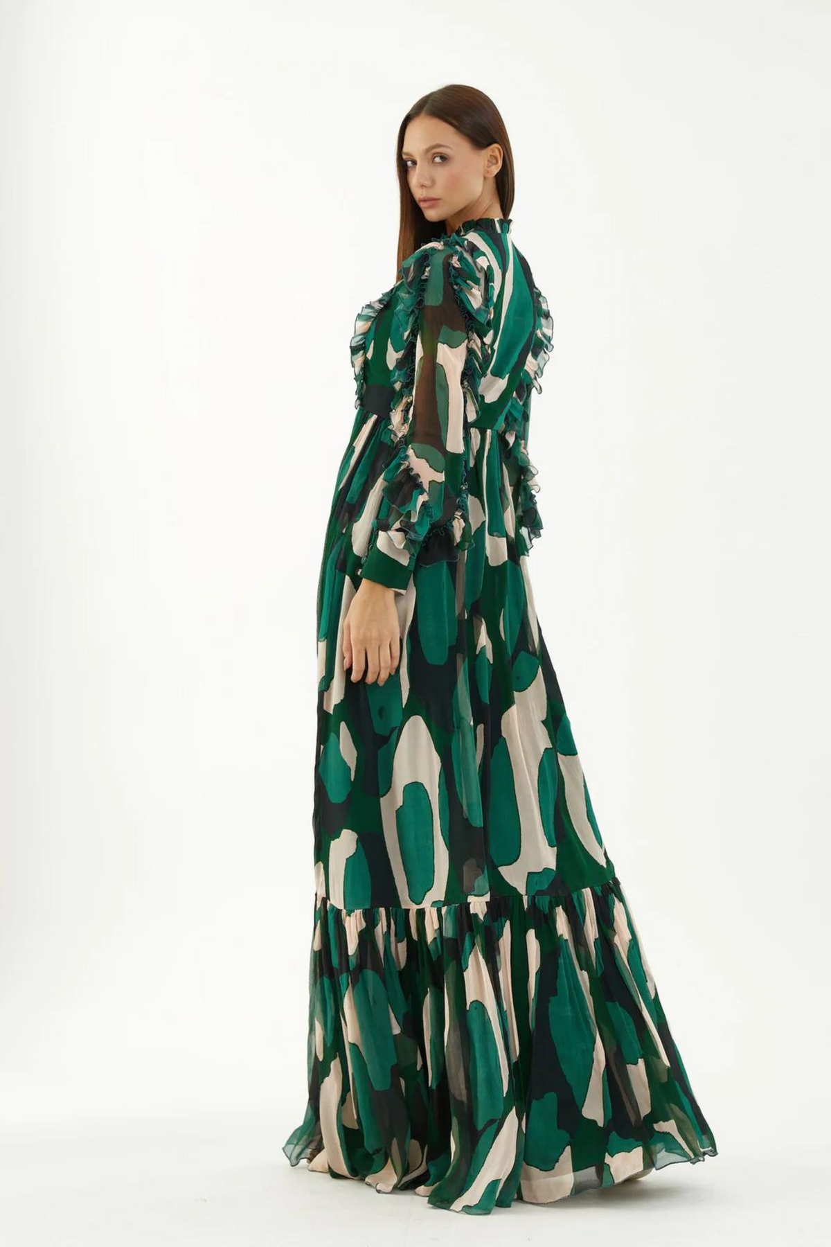 Green, Black And Off-white Abstract Frill Long Dress