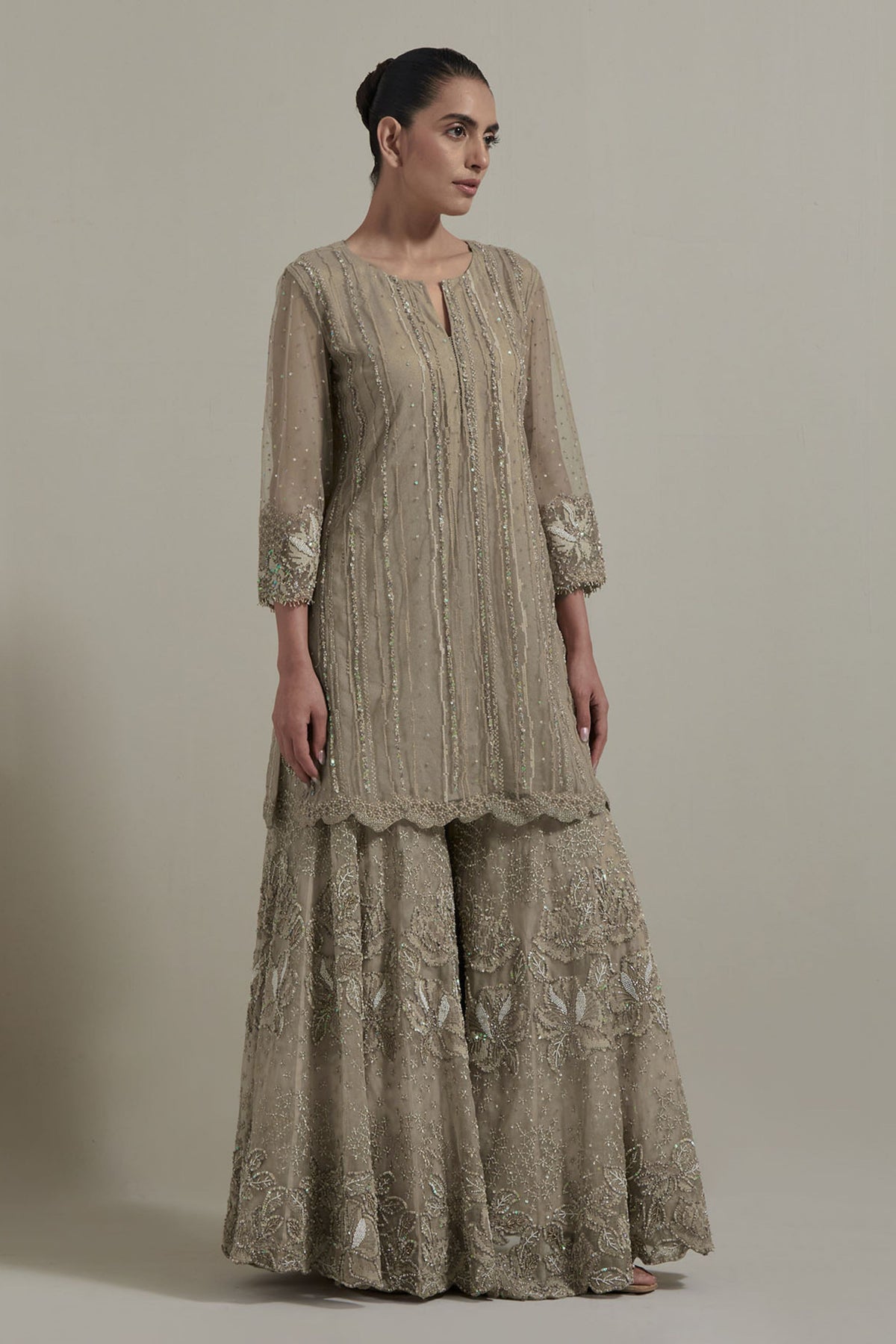 Beige Textured Sharara Set