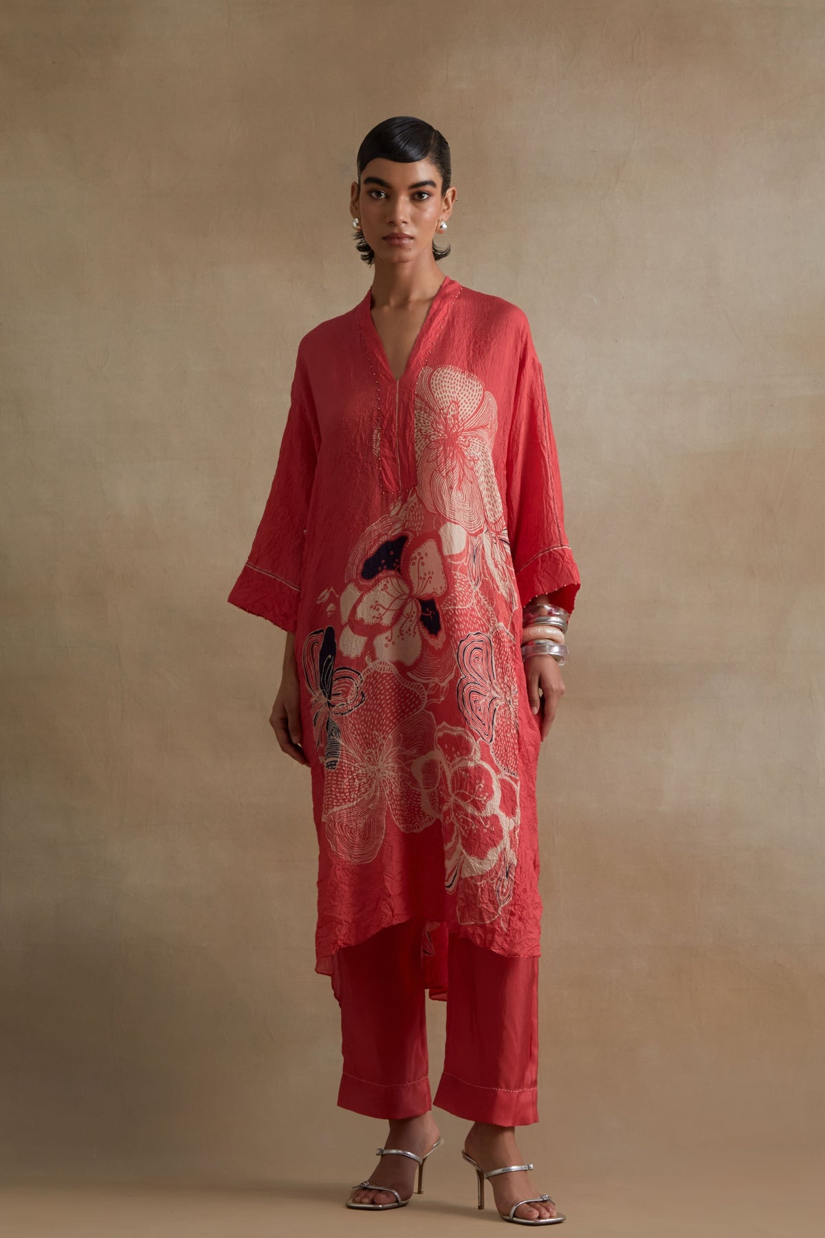 Tomato Embroidered Floral Kurta Set