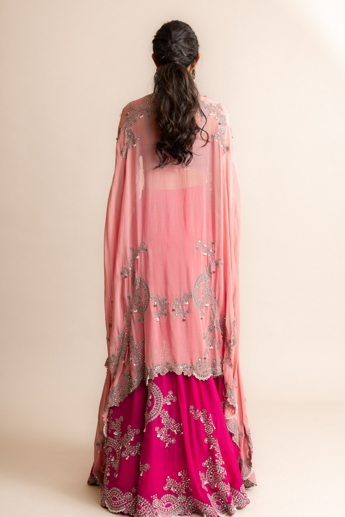 Fuchsia Cape With Circular Pants Set